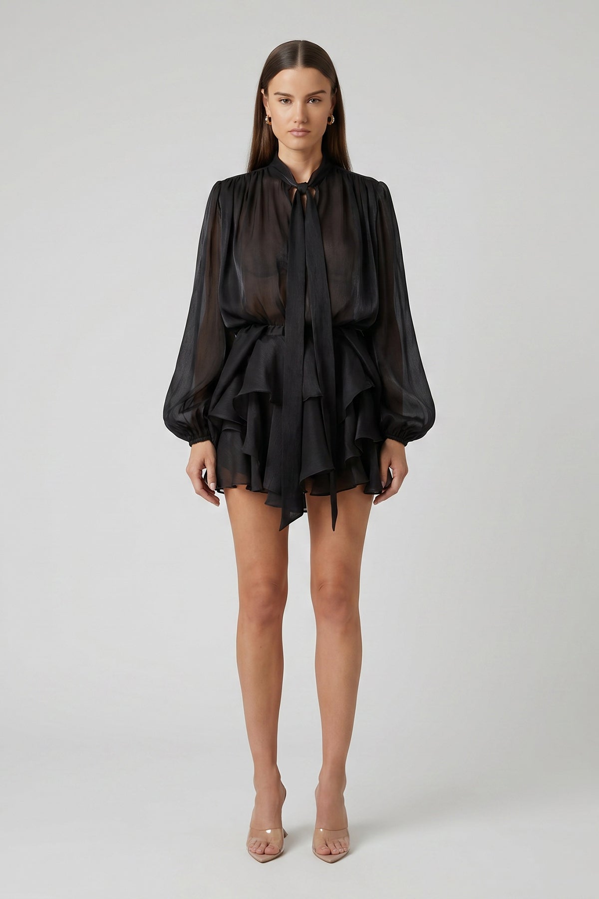 Black Shimmering Viscose Set with Scarf and Ruffled Skirt
