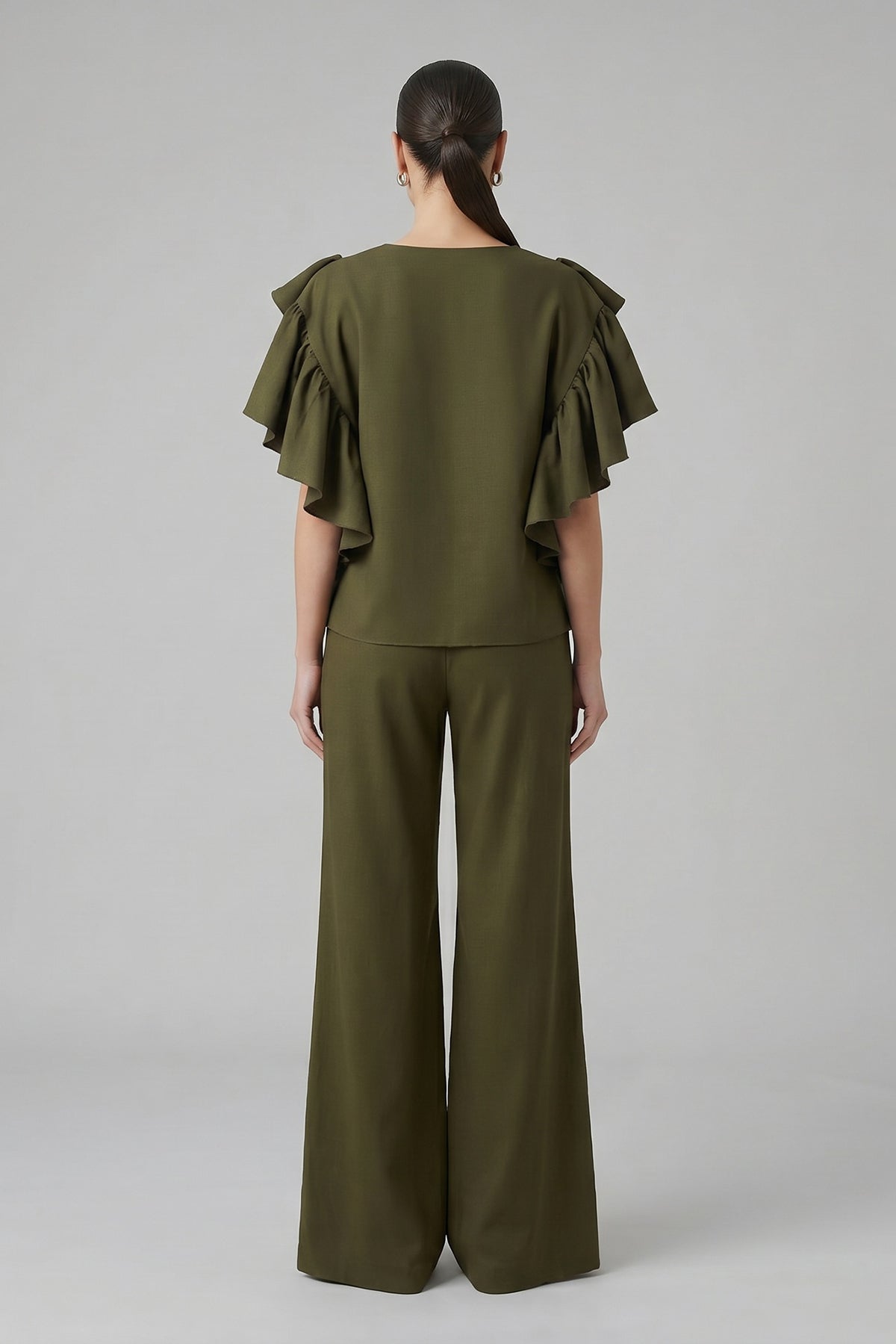 Olive linen set with ruffle top, V-neckline and flared pants
