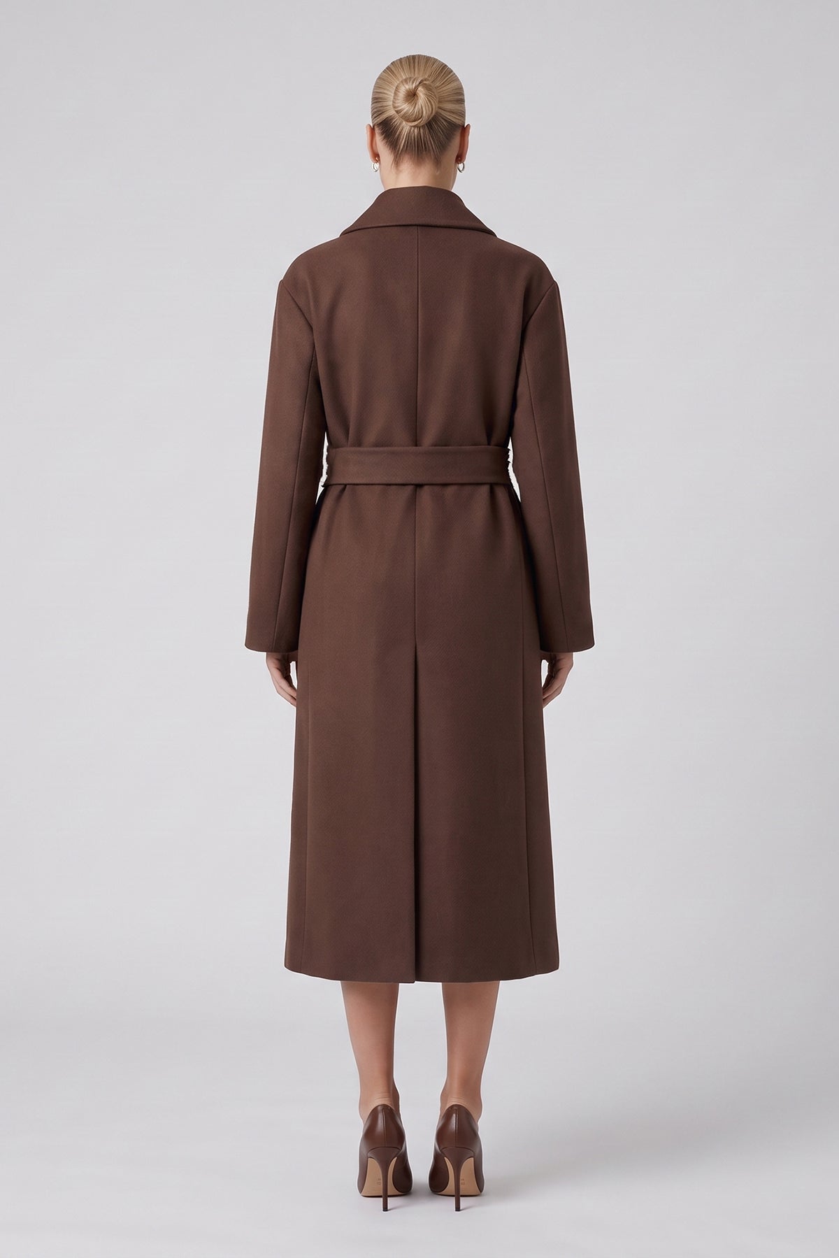 Long Wool Blend Coat with Rounded Lapels in Brown