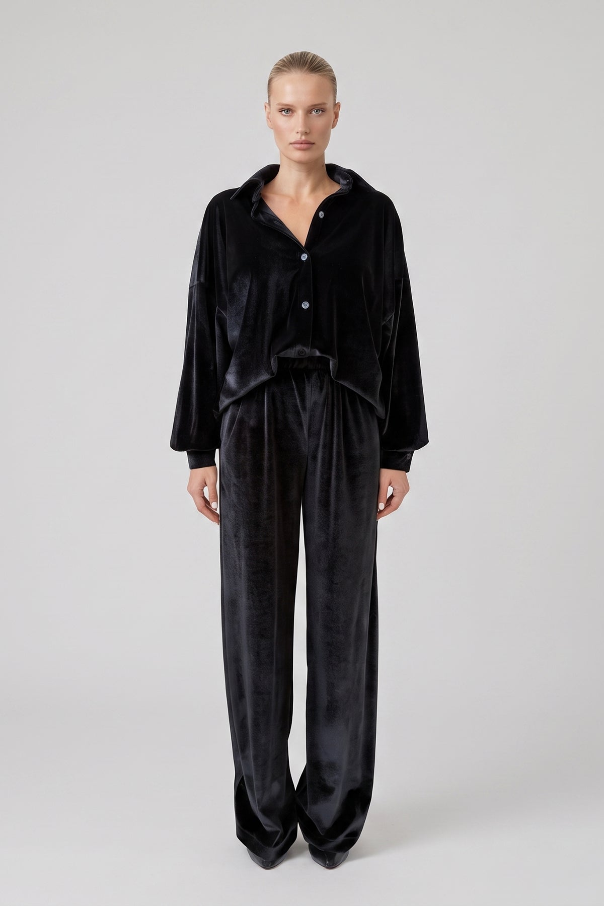 Velvet Oversized Shirt & Wide-Leg Trousers Set