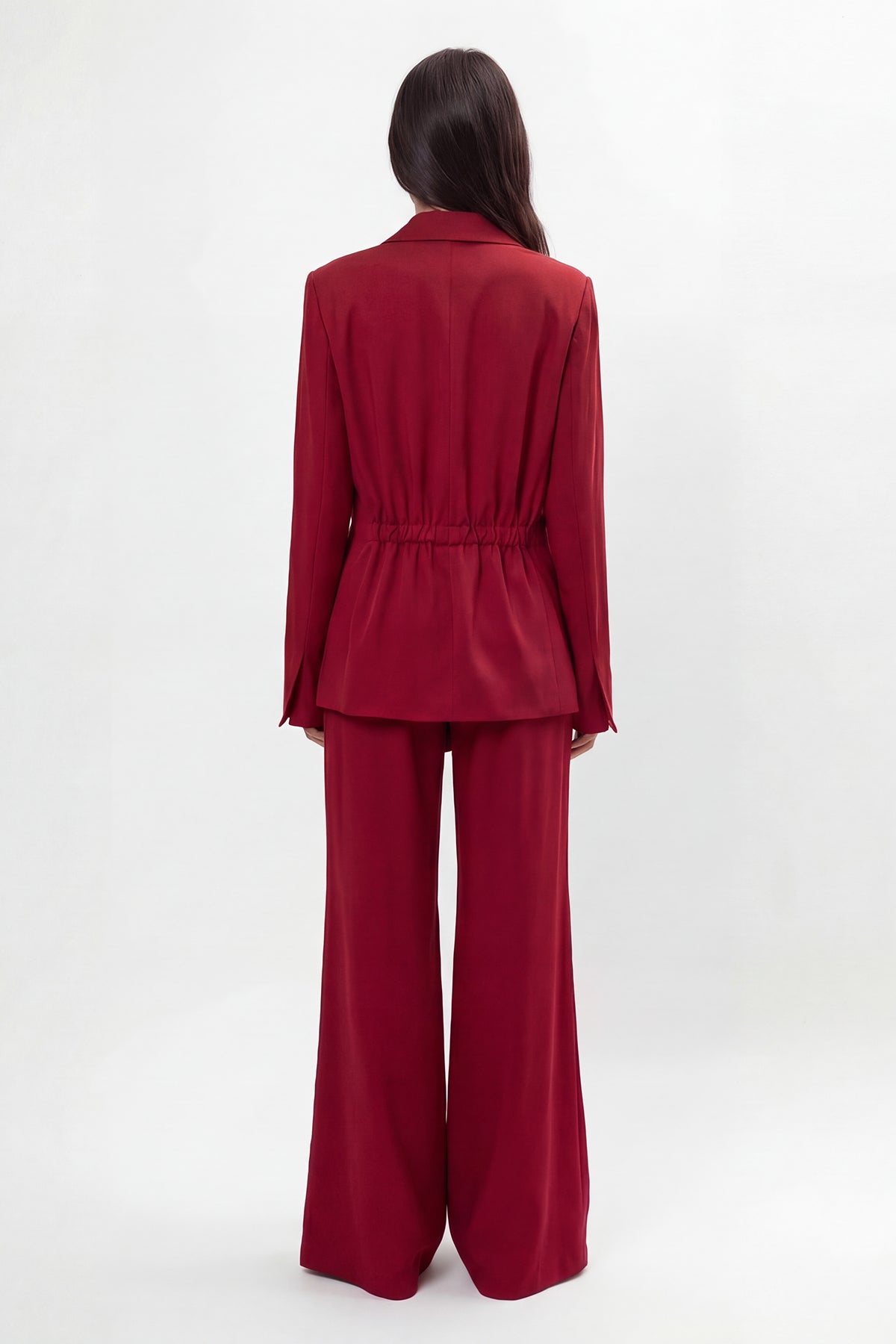 Dark Red Set With Wrap Blazer And Flared Trousers