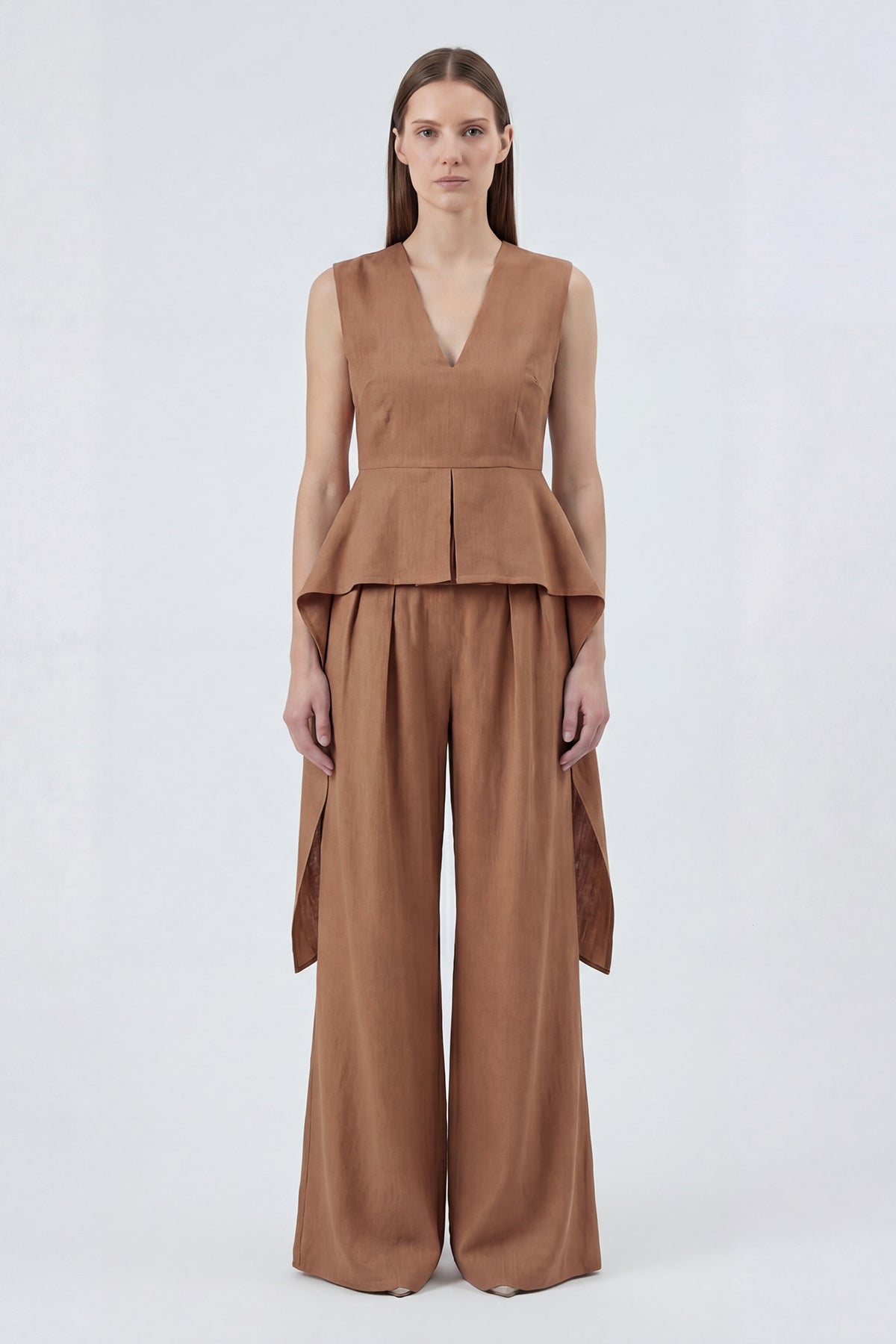Brown Linen Peplum Top & Wide-Leg Trousers Set