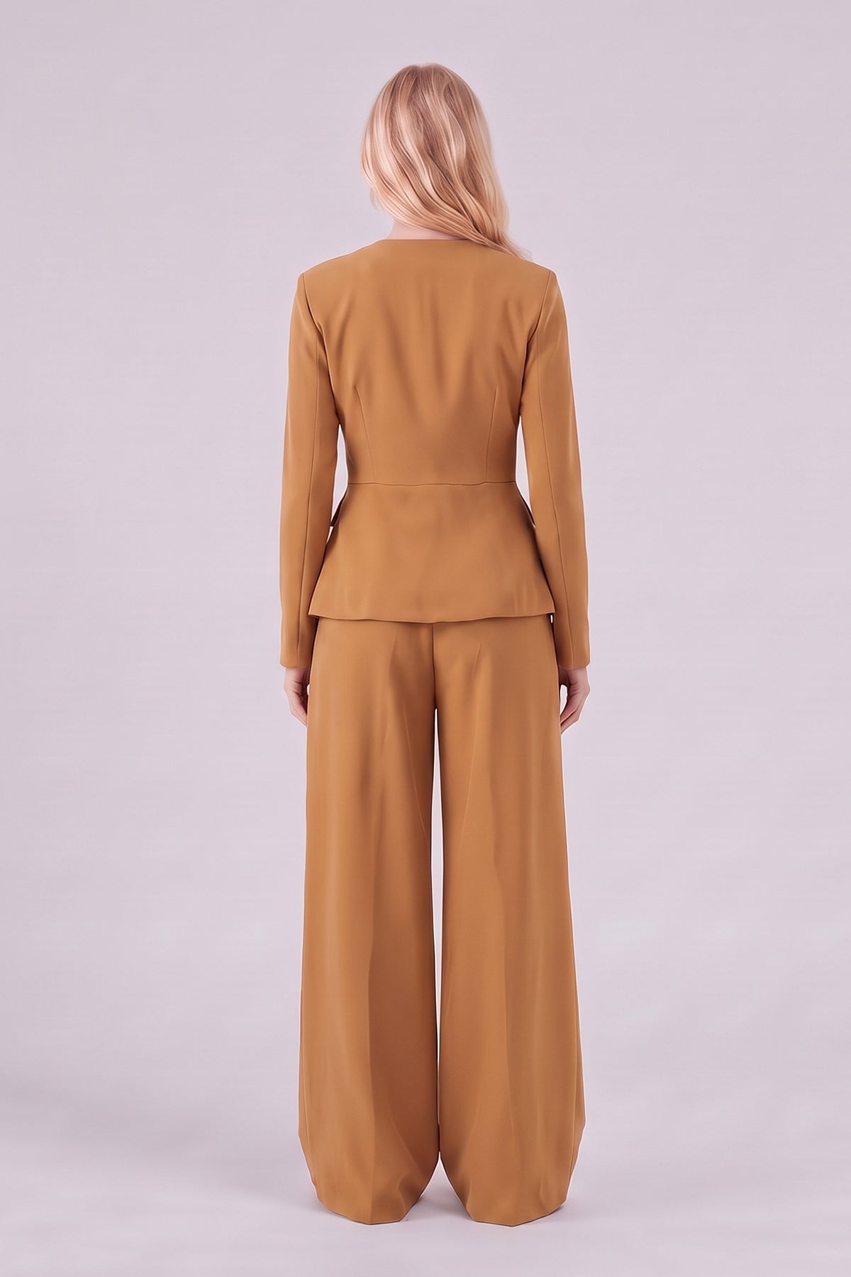 Camel Set with Structured Peplum Blazer and Pleated Wide-Leg Trousers