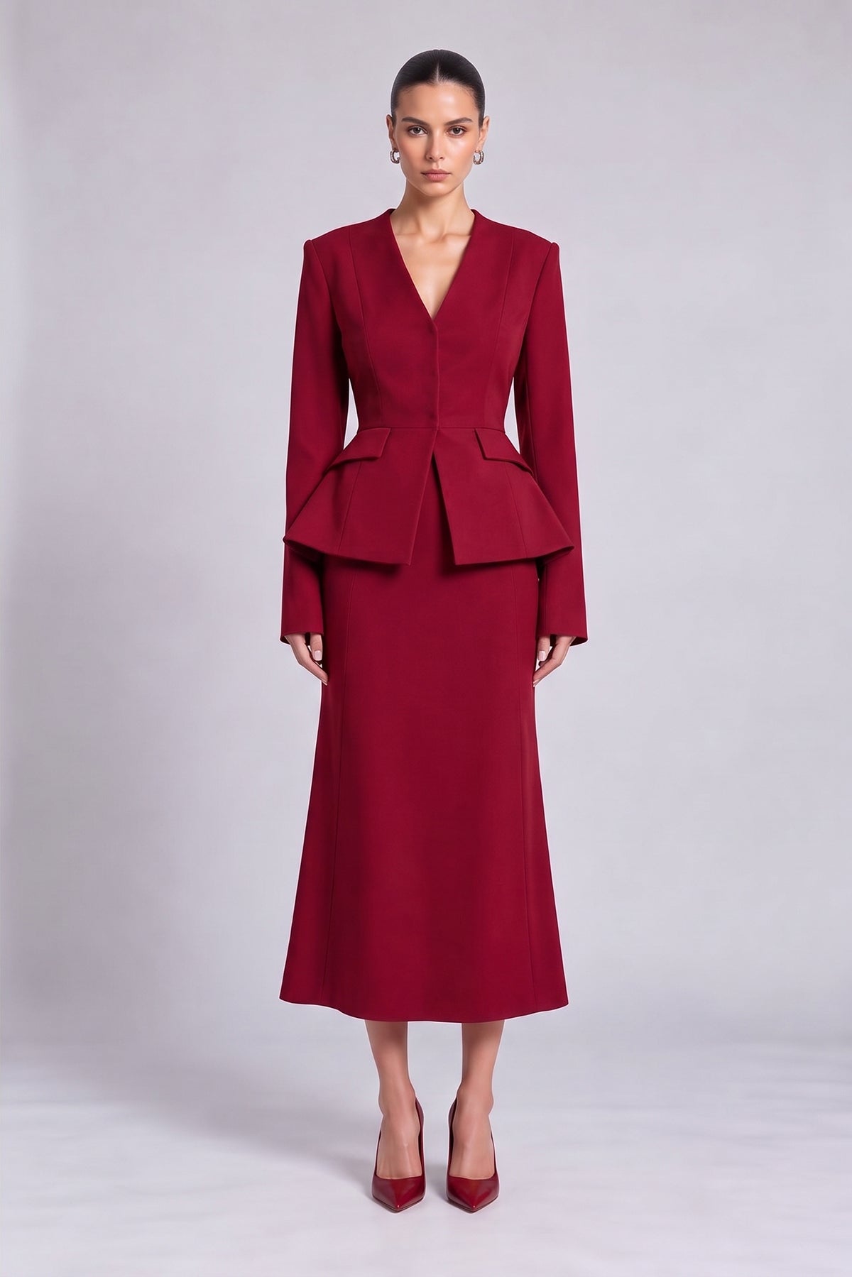 Red Set with Structured Peplum Blazer and A-Line Midi Skirt