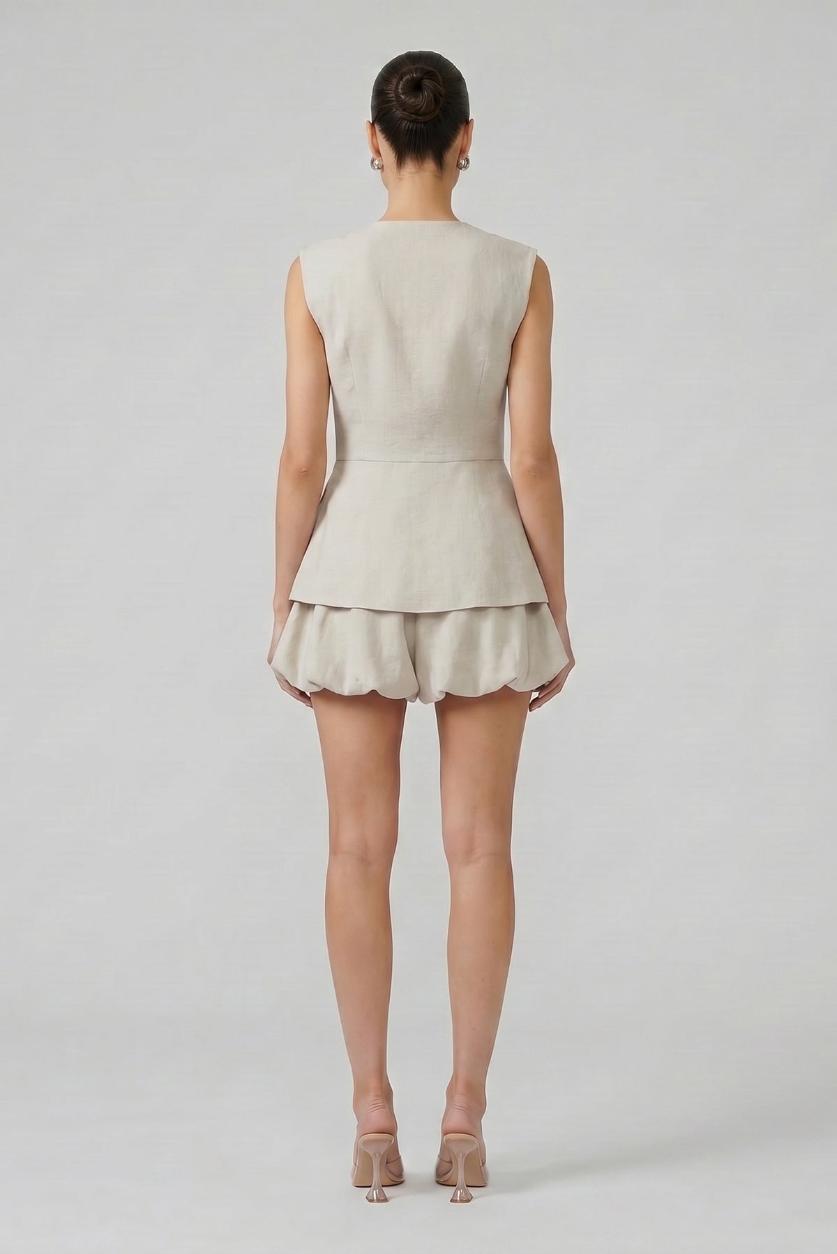 Beige Viscose-Linen Blend Set with Peplum Vest and Balloon Mini Skirt
