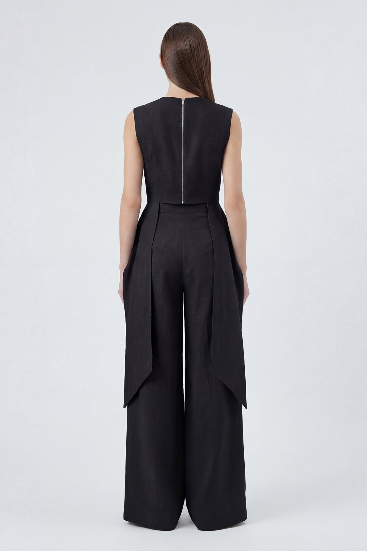 Black Linen Peplum Top & Wide-Leg Trousers Set