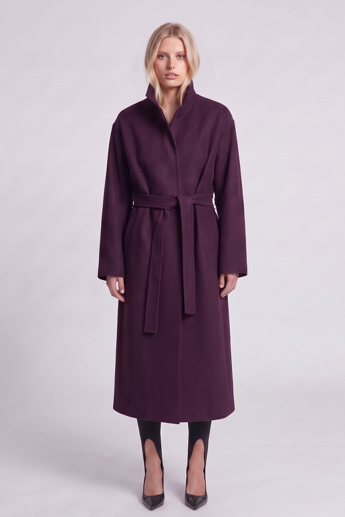 Long Plum-Purple Coat with High Collar