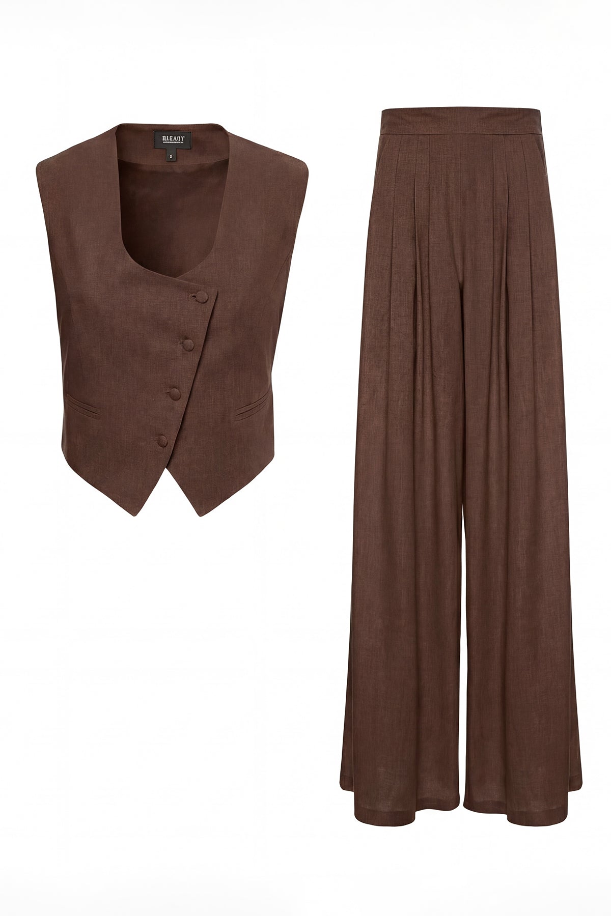 Brown Linen Set with Fitted Vest and Wide-Leg Trousers