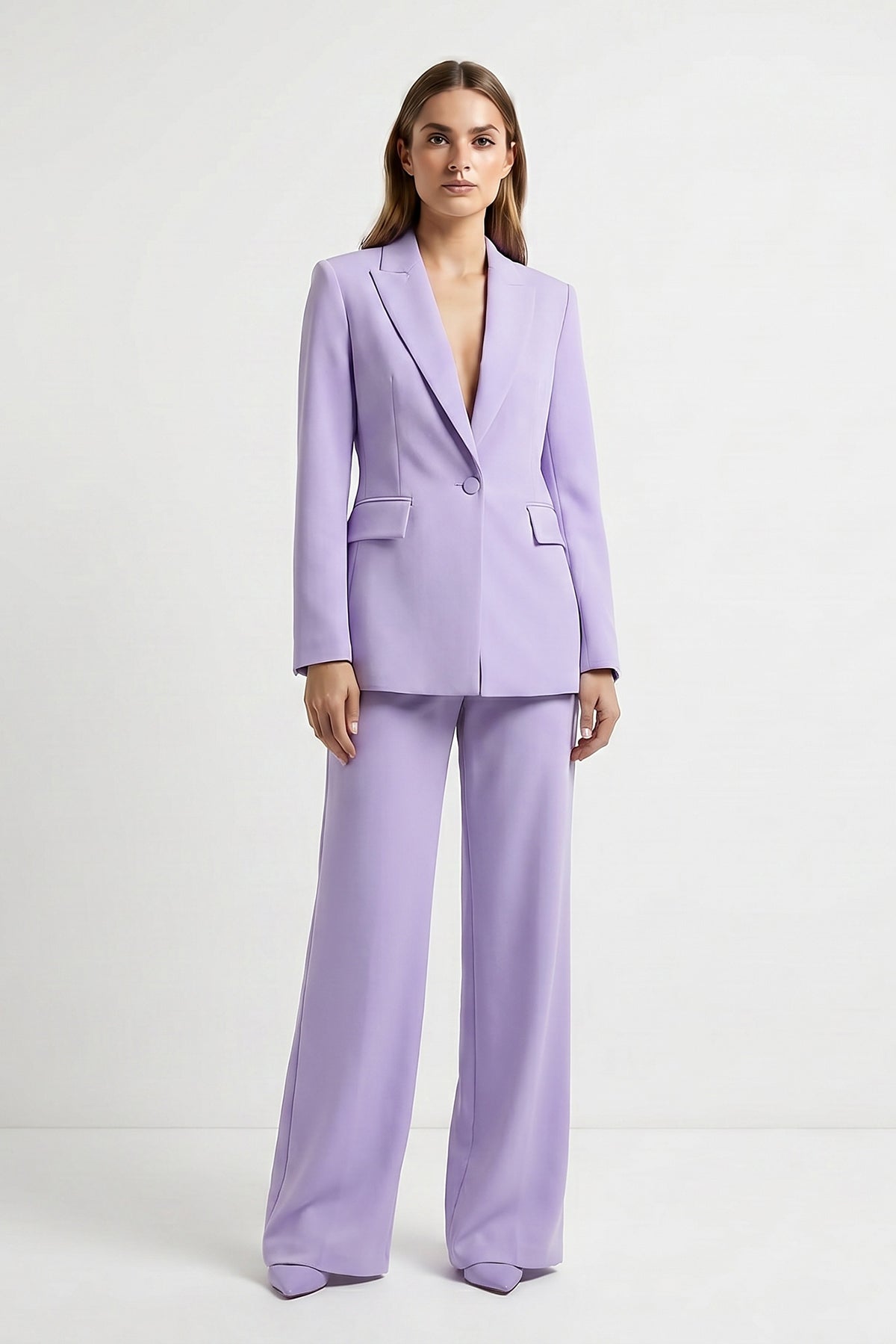 Elegant Lila Suit with Tailored Blazer and Wide Fluid Trousers in Viscose Blend