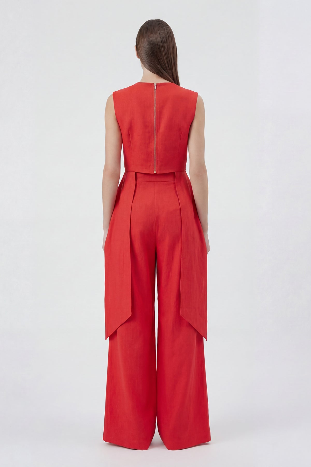 Red Linen Peplum Top & Wide-Leg Trousers Set