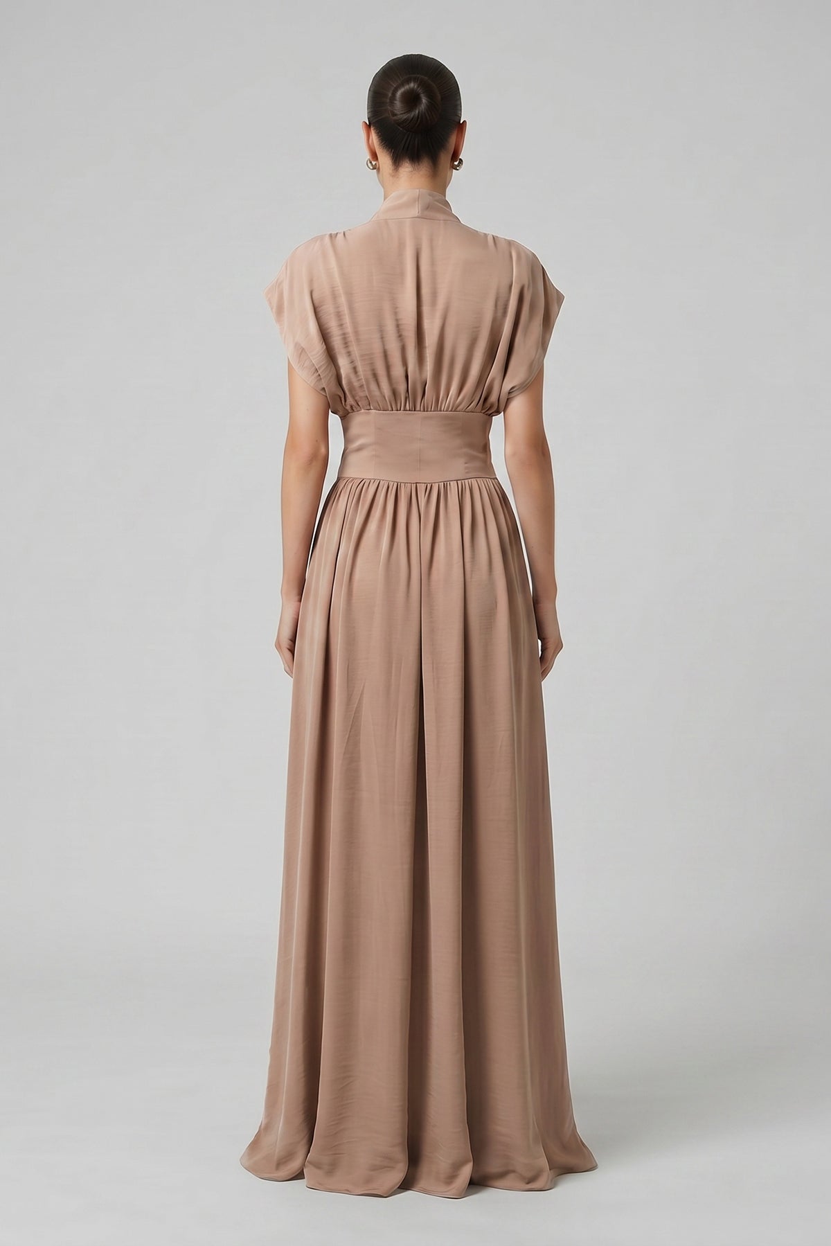 Beige Maxi Dress with Defined Waist and Side Slit