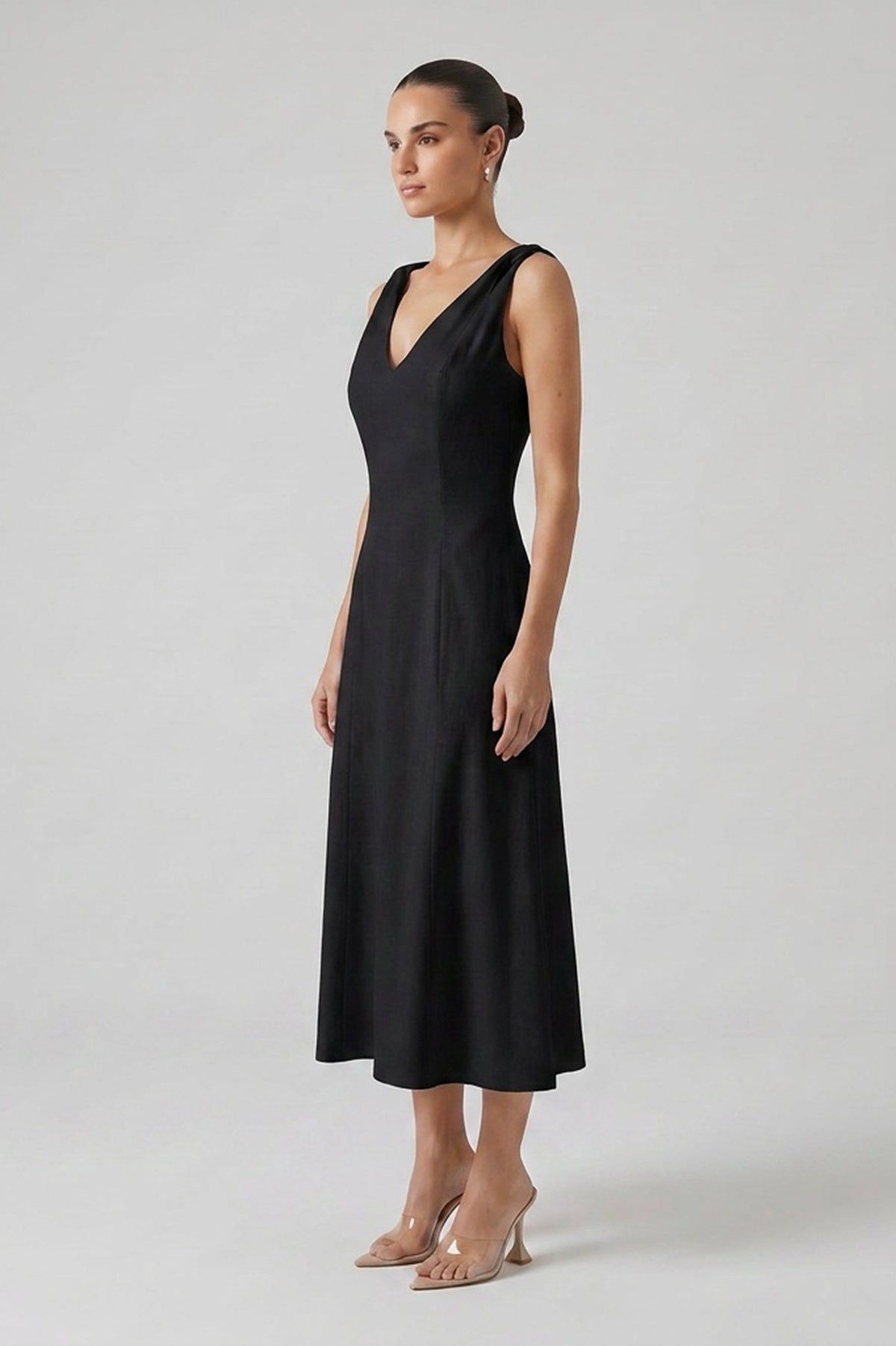 Black Linen Midi Dress with V-Neck and Knotted Straps