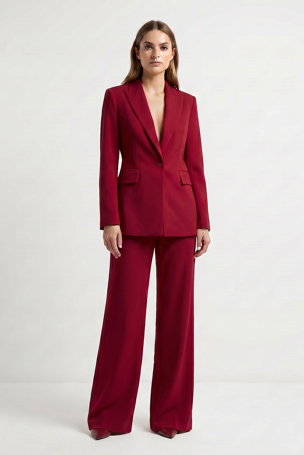 Elegant Red Suit with Tailored Blazer and Wide Fluid Trousers in Viscose Blend