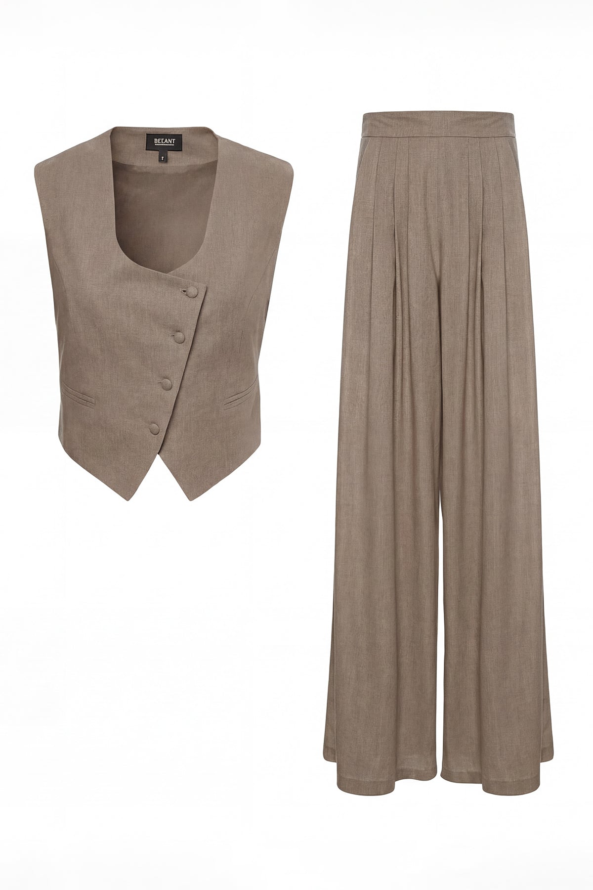 Beige Linen Set with Fitted Vest and Wide-Leg Trousers