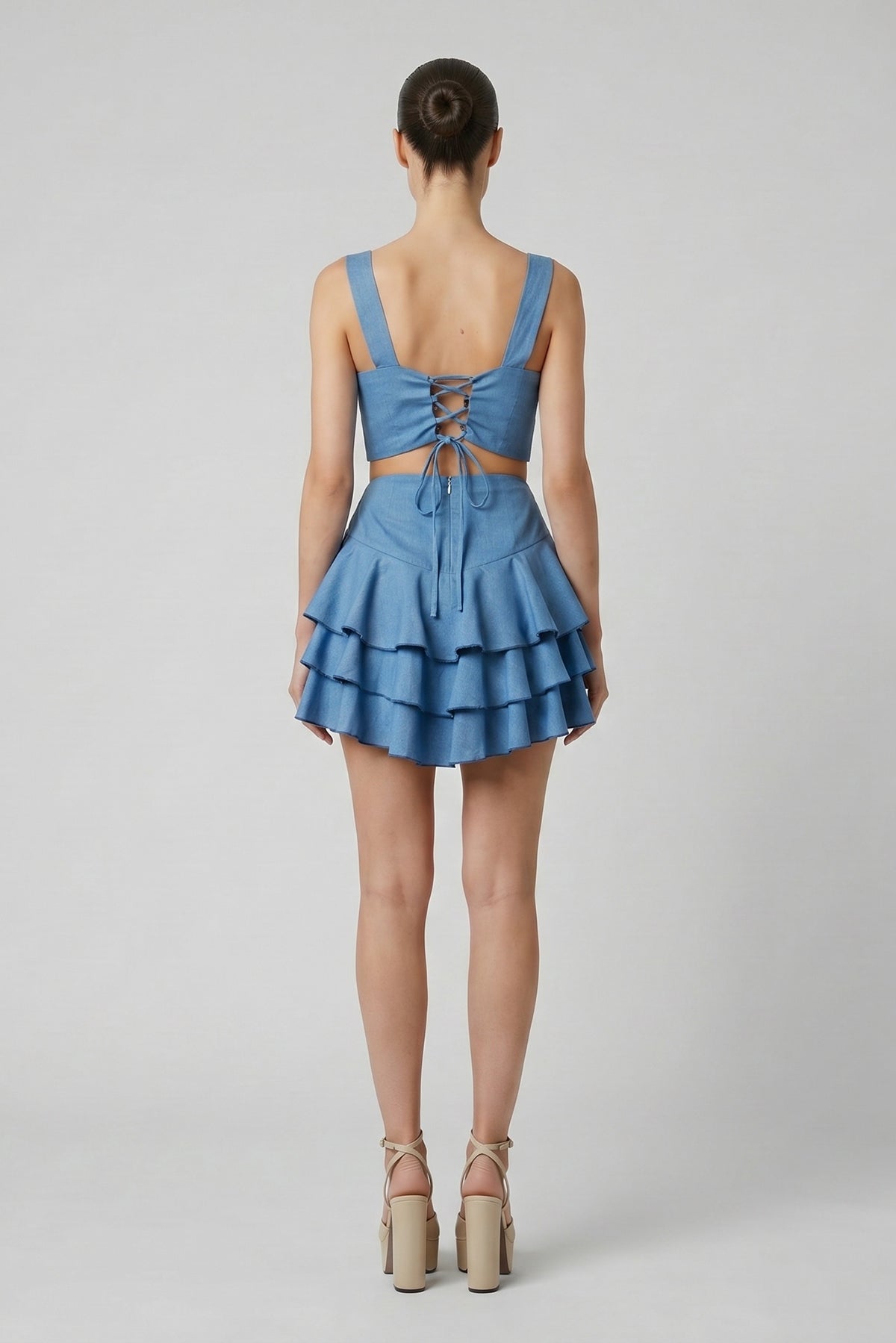 Blue Denim Set with Crop Top and Ruffle Skirt