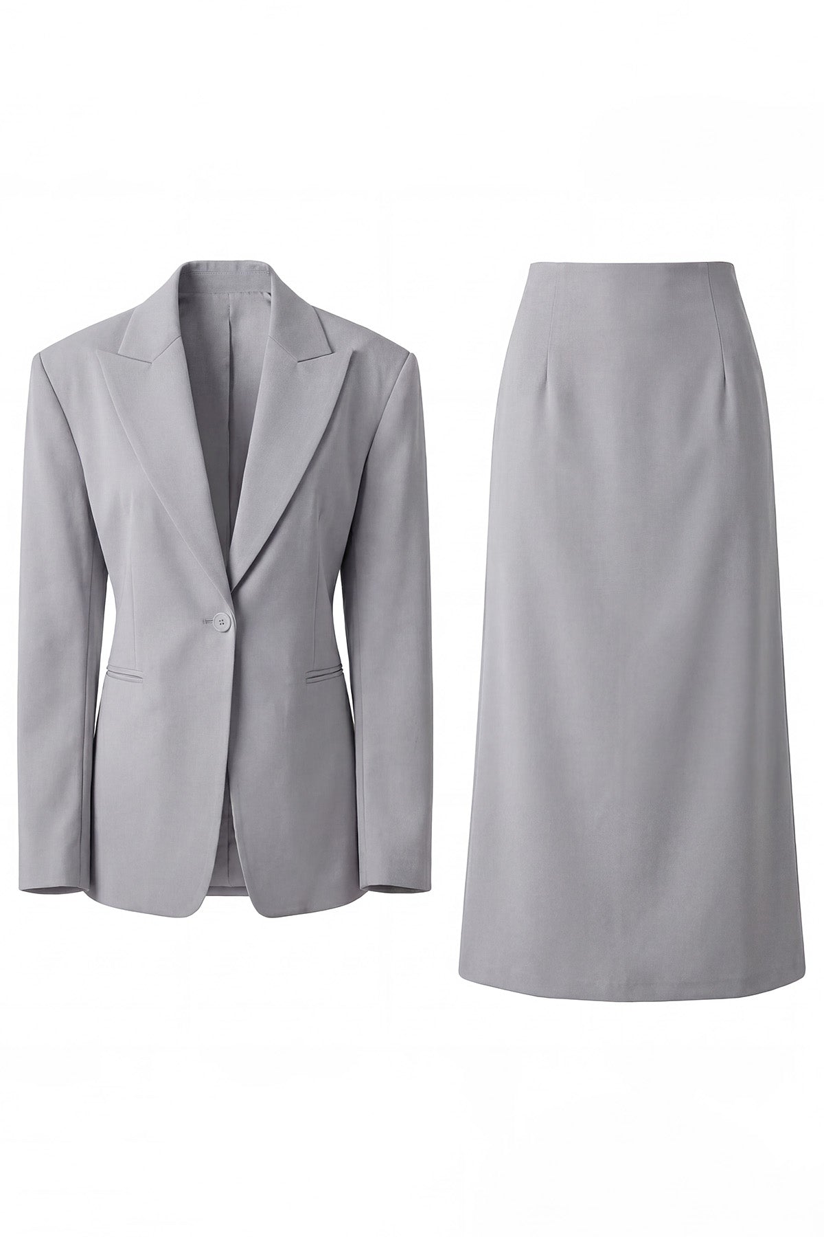 Costum gri cu sacou cambrat și fustă midi