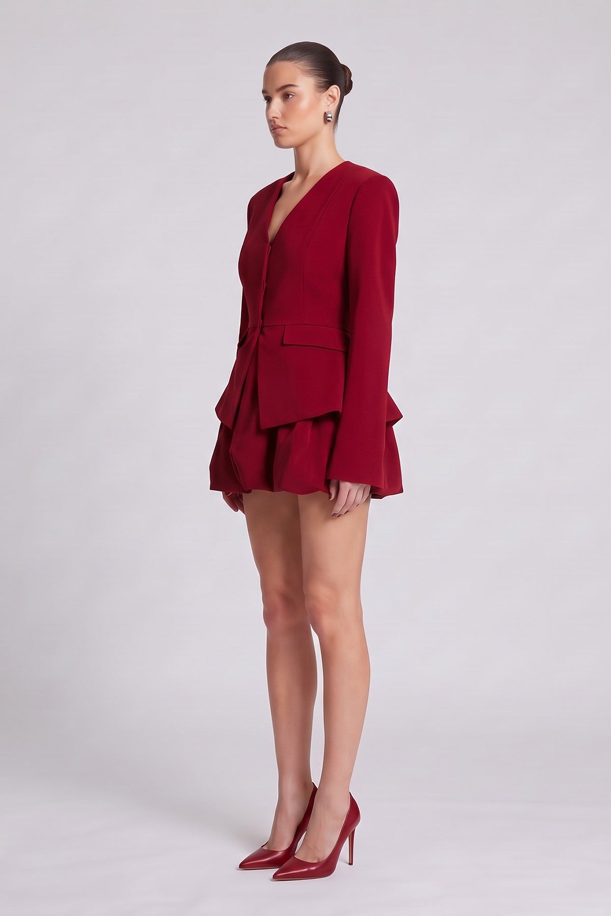 Red Set with Structured Peplum Blazer and Balloon Skirt