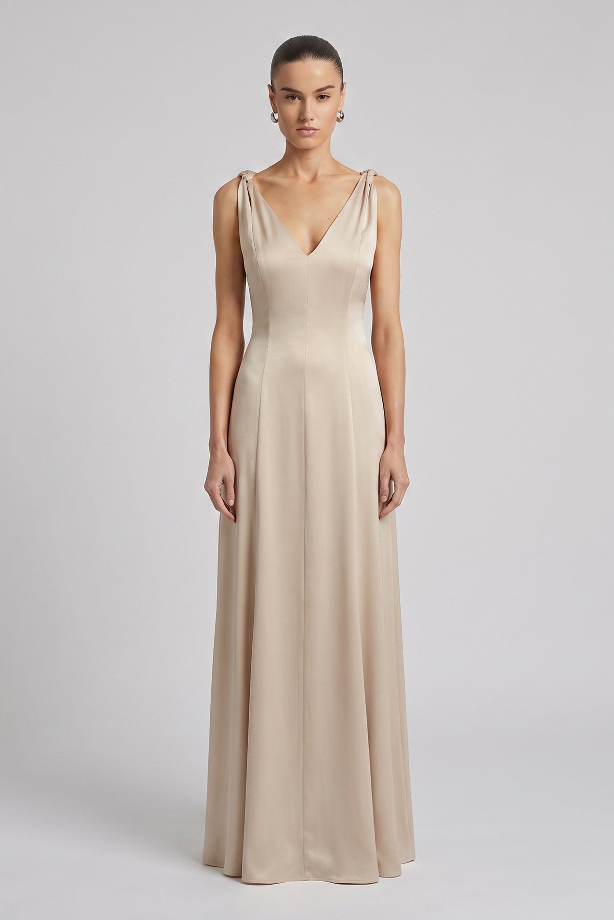 Ivory Maxi Evening Dress with V-Neck and Knotted Straps