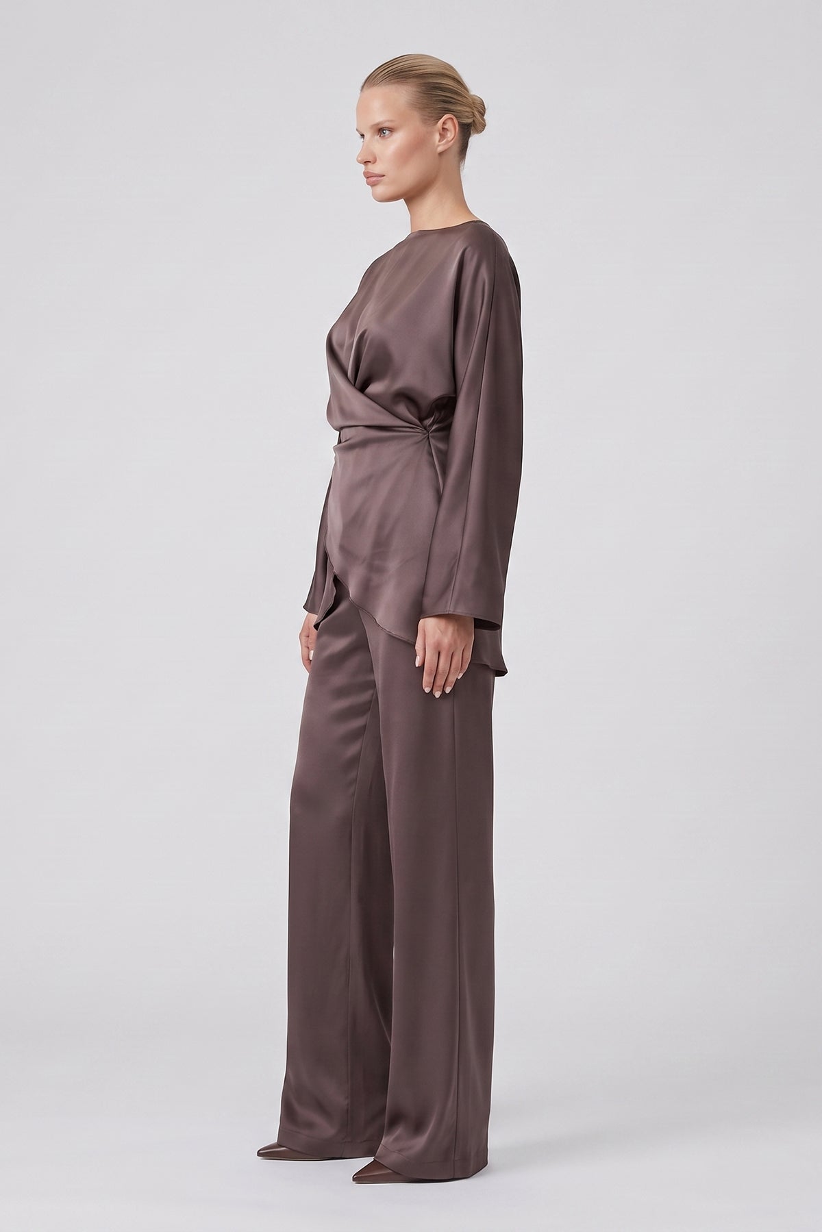 Satin Draped Top & Wide-Leg Trousers Set