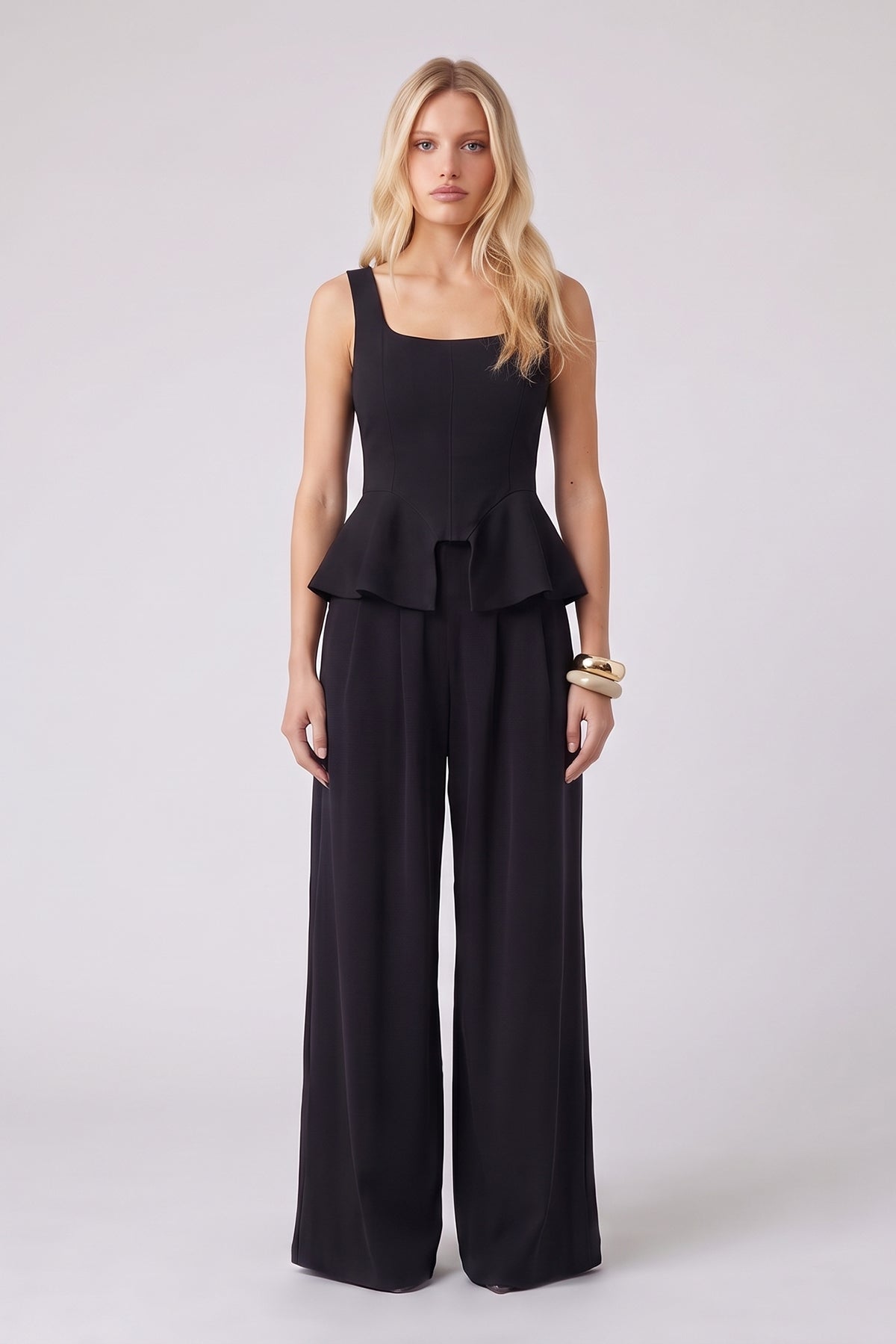Black Peplum Corset & Wide Leg Pants Set