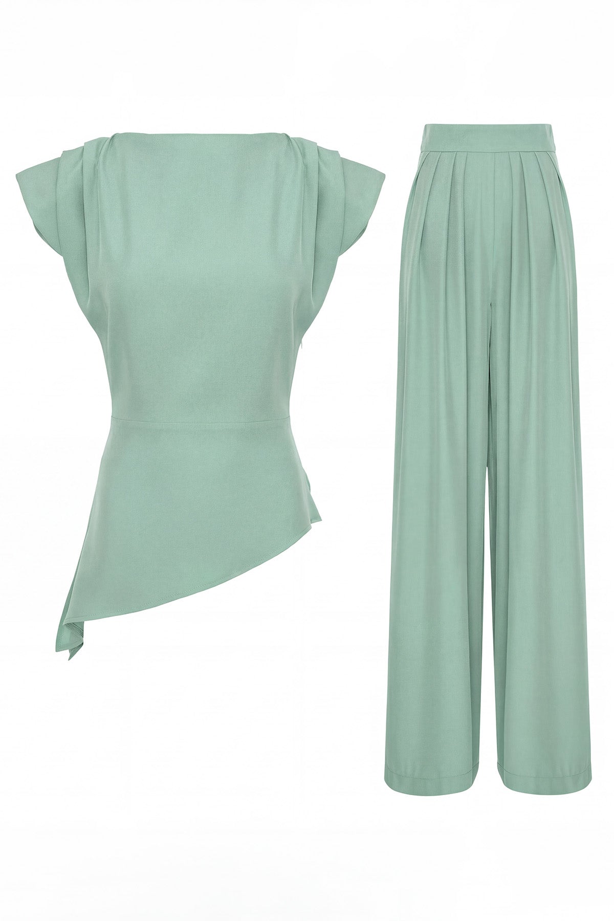 Set elegant mint din crep de vâscoză fluidă cu top cu umeri structurați și pantaloni palazzo