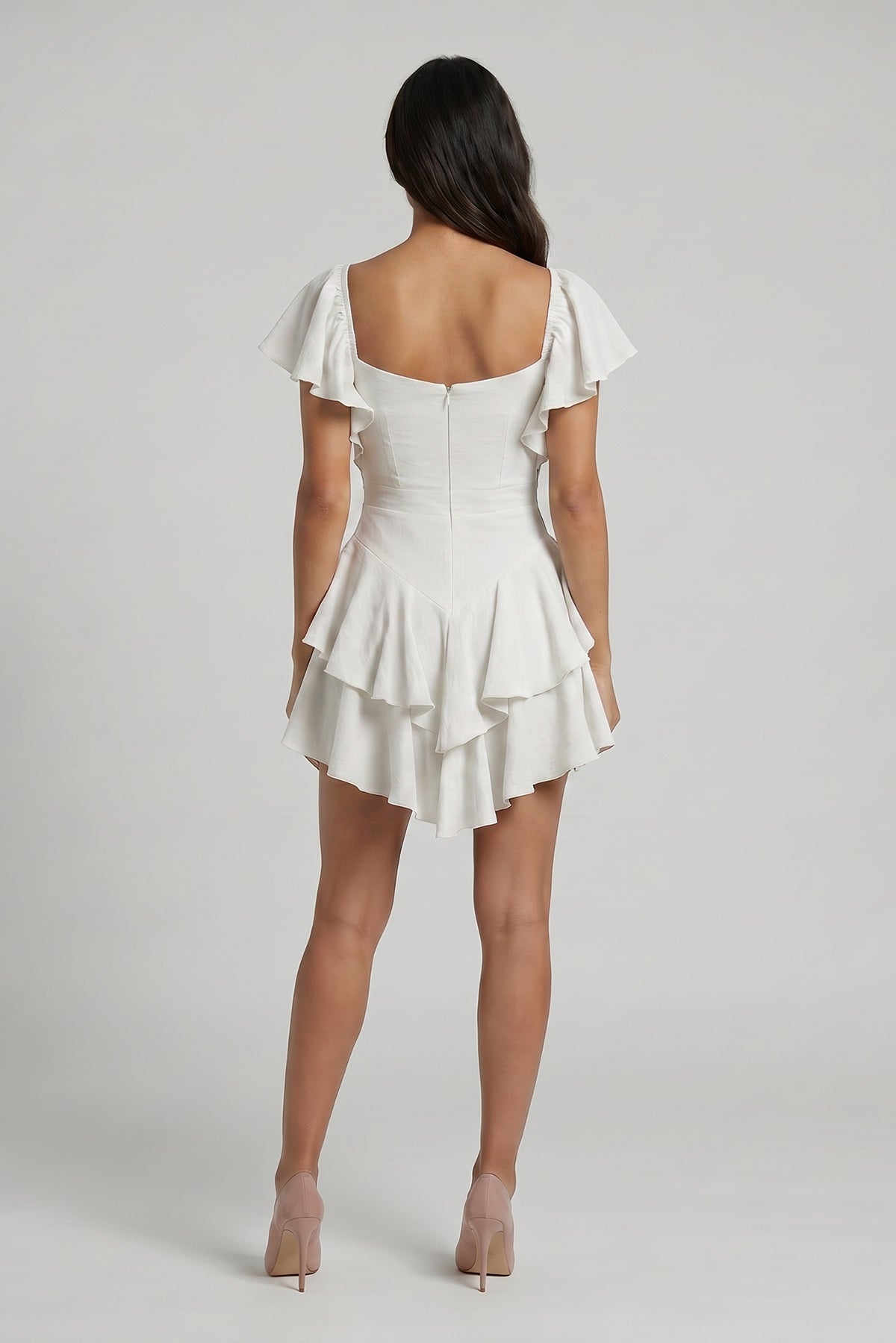 White Off-The-Shoulders Cambered Dress with Ruffles