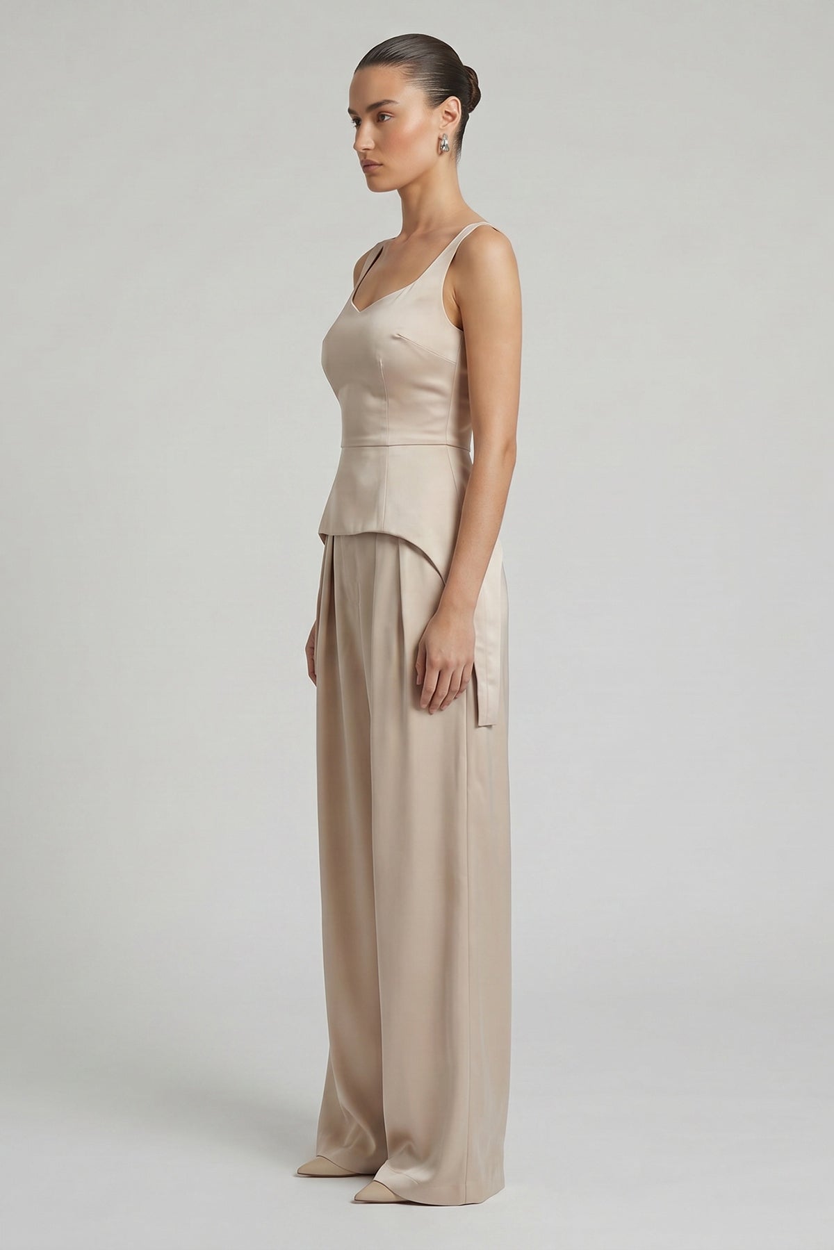 Beige Elegant Satin Set with Corset and Wide-Leg Trousers