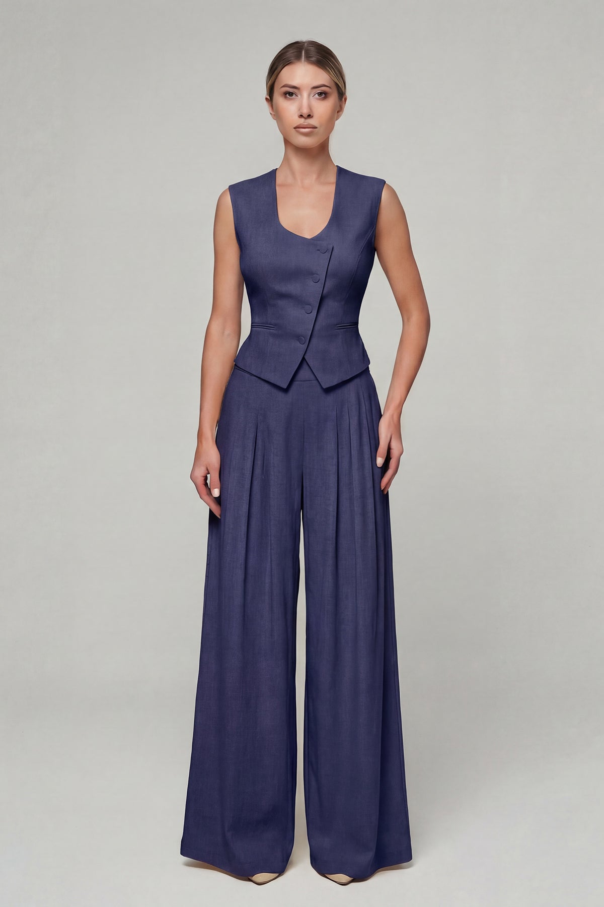 Navy Linen Set with Fitted Vest and Wide-Leg Trousers