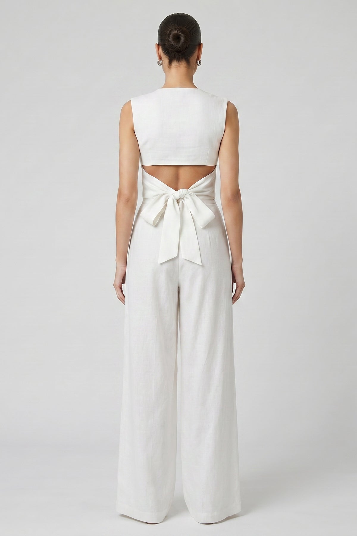 White Linen Set with Fitted Vest and Wide-Leg Trousers