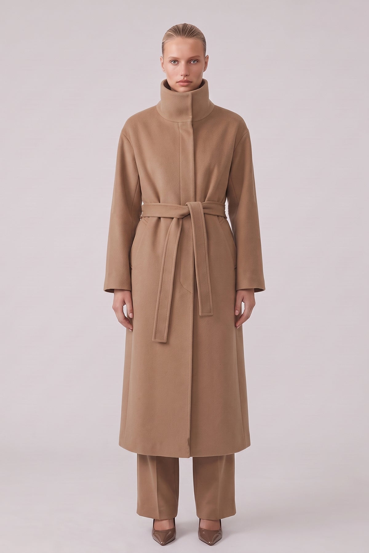 Long Camel Coat with High Collar