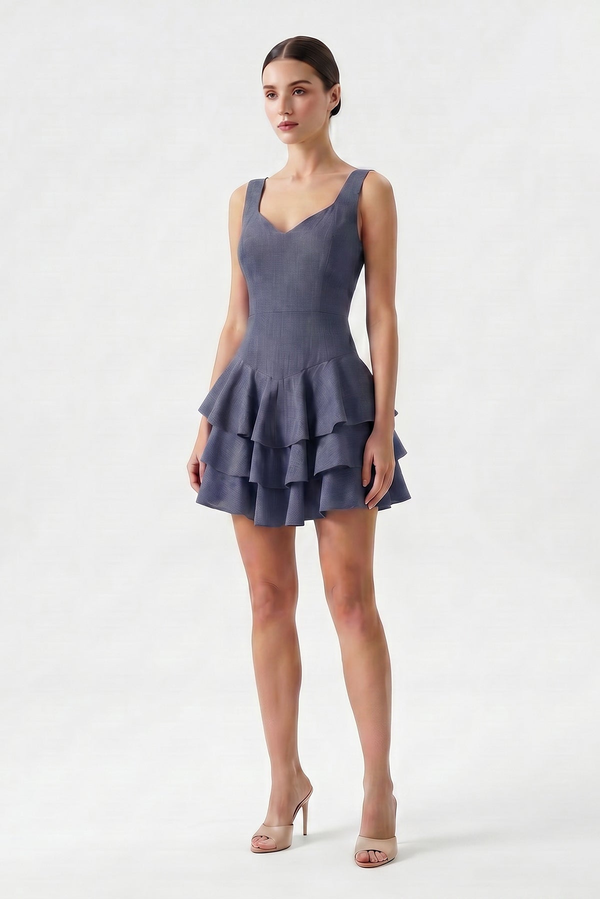 Rochie mini navy din in texturat, croială cambrată și volane suprapuse