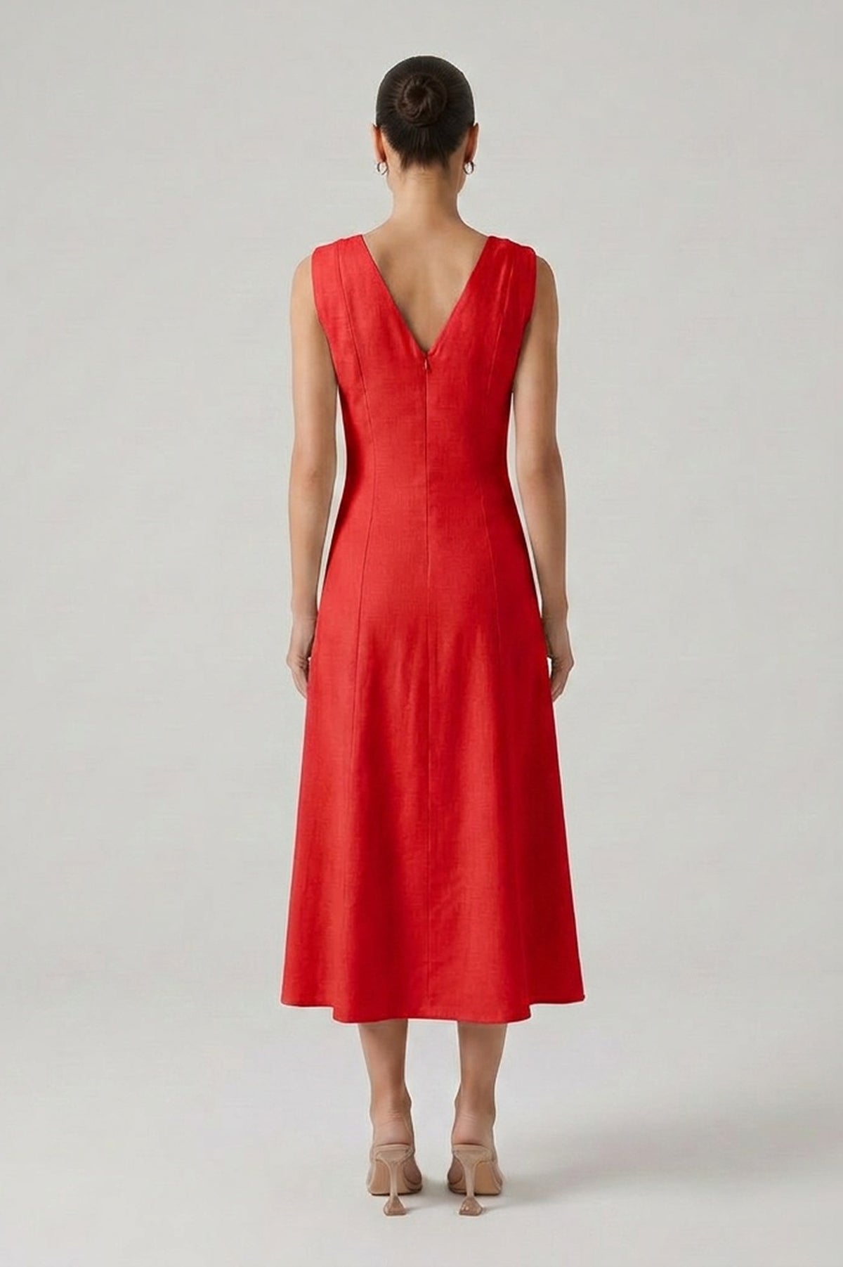 Red Linen Midi Dress with V-Neck and Knotted Straps