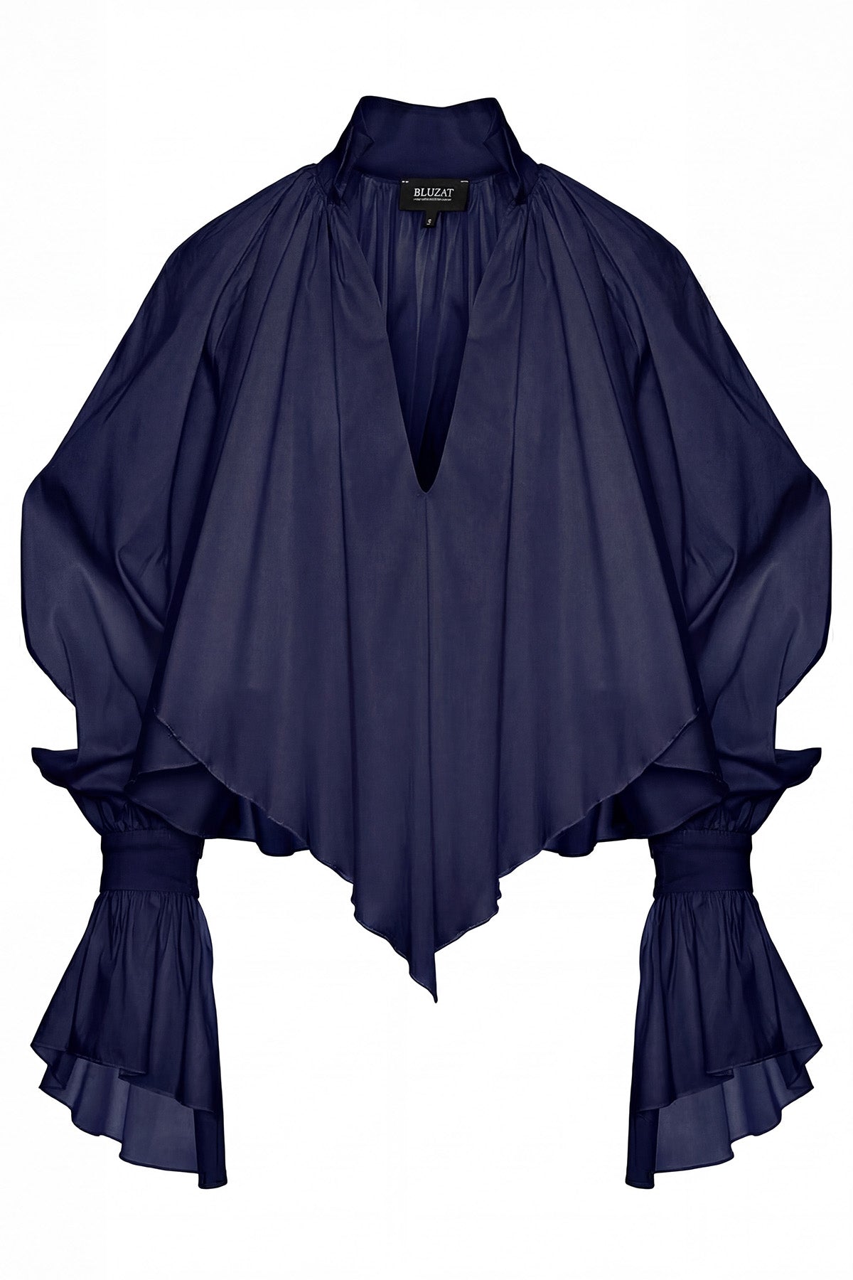Cămașă navy cu croială amplă, guler înalt și mâneci balon