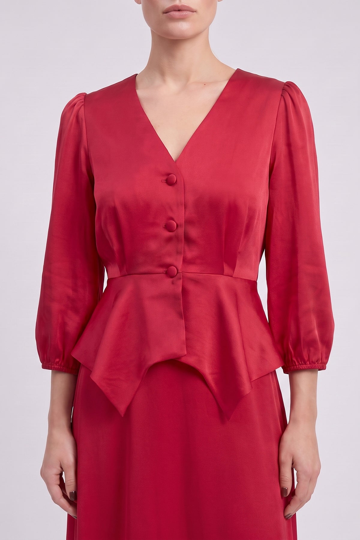 Red Satin Viscose Peplum Blouse & Midi Skirt Set