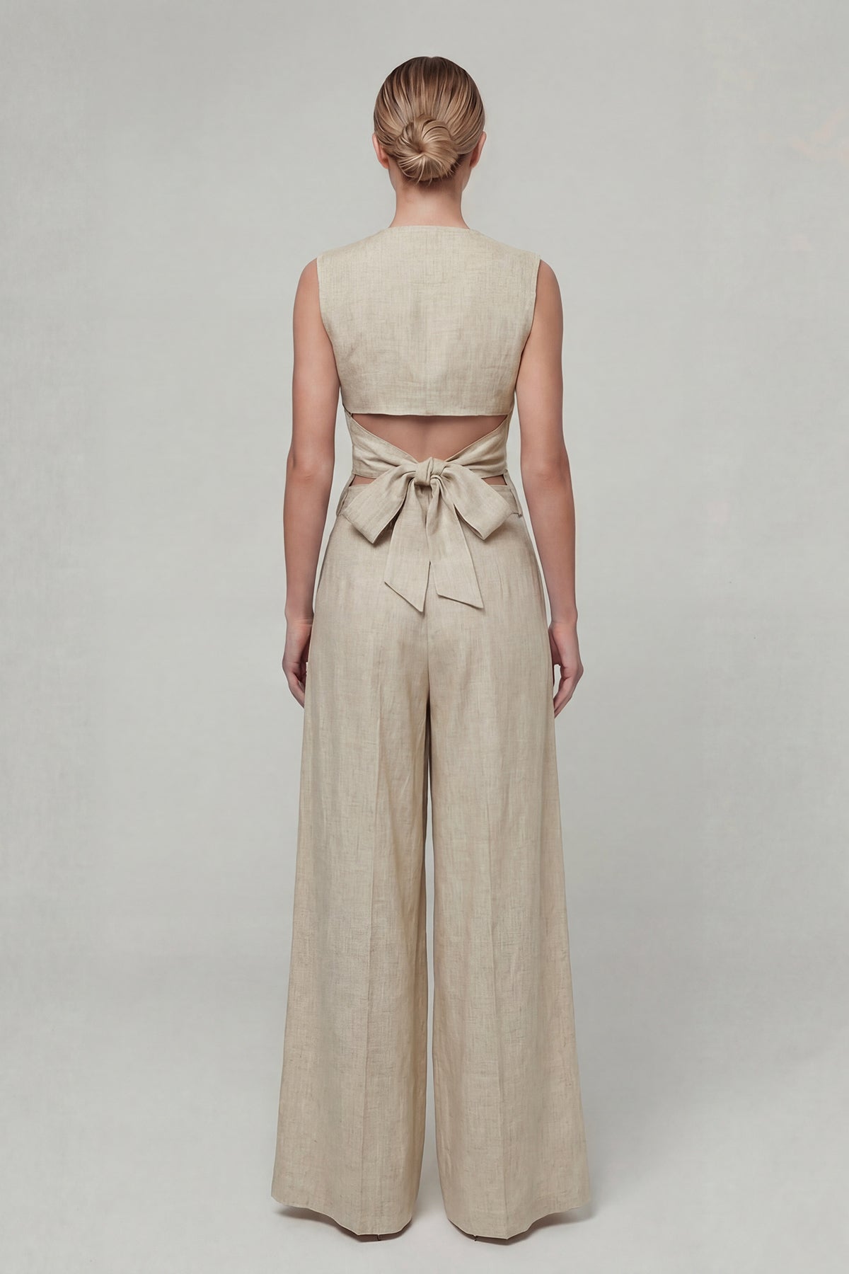 Beige Linen Set with Fitted Vest and Wide-Leg Trousers