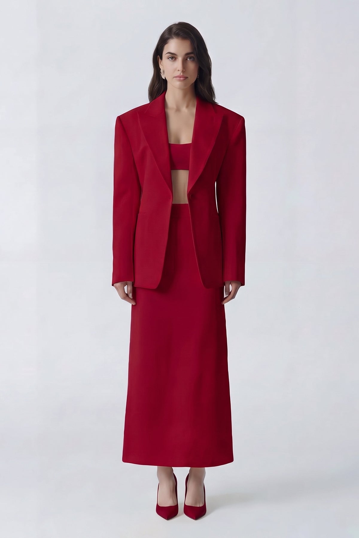 Red Suit With Tailored Blazer And Midi Skirt