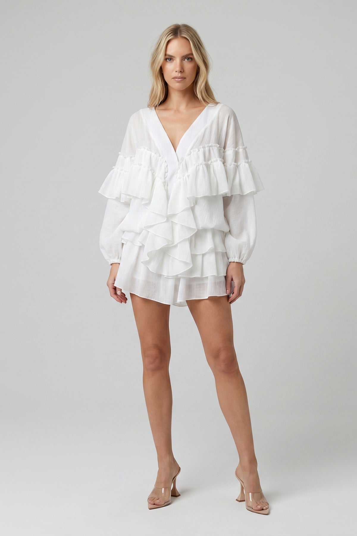 White crinkled fabric set with ruffles and skort