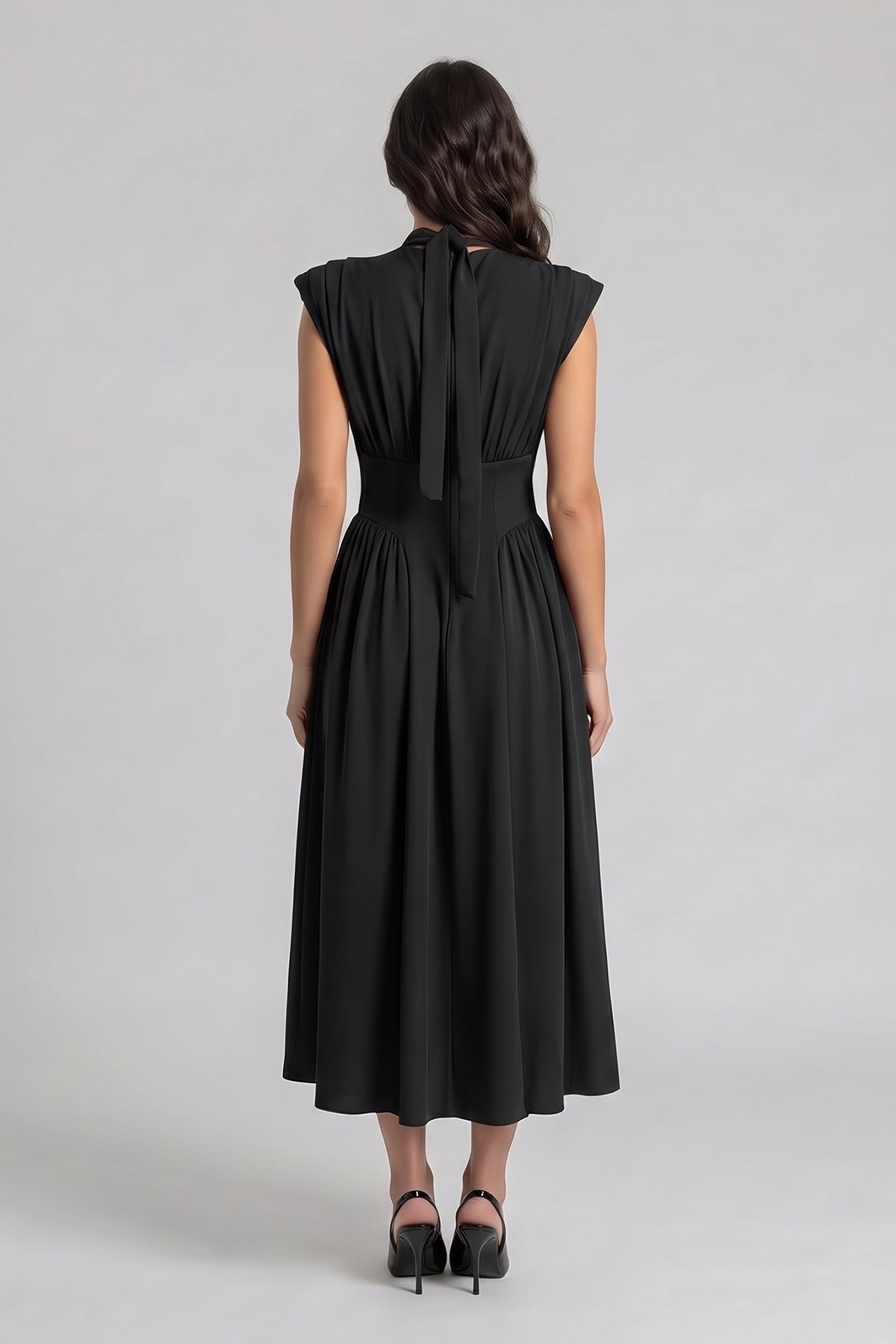 Black midi dress with corset-style waist in fluid viscose fabric