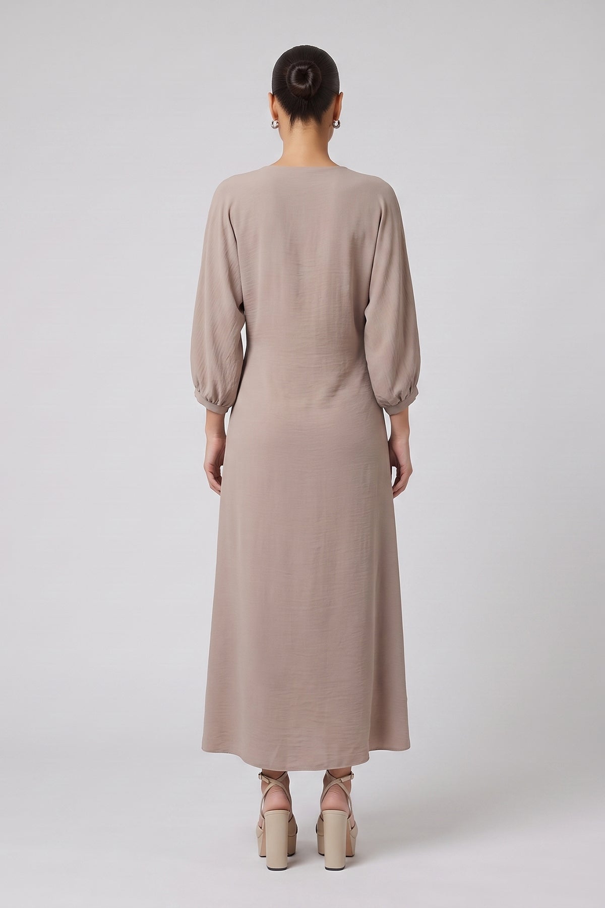 Beige Maxi Dress in Viscose Blend with V-Neck and Draped Waist