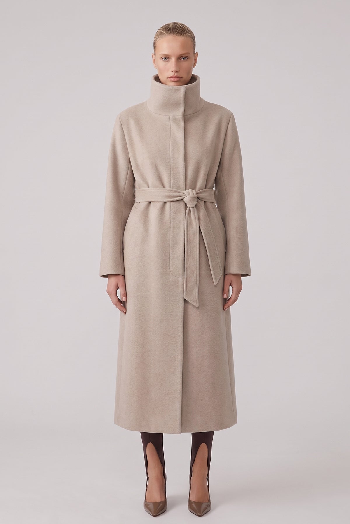 Long Taupe Coat with High Collar