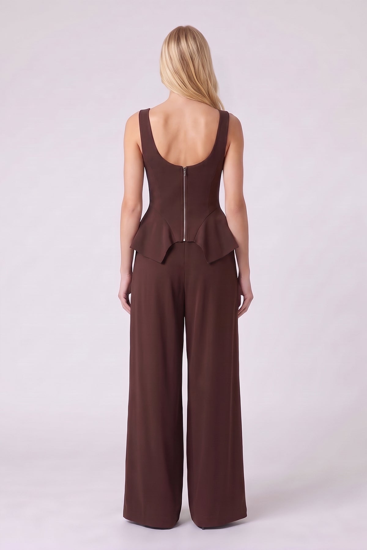 Chocolate Brown Peplum Corset & Wide Leg Pants Set