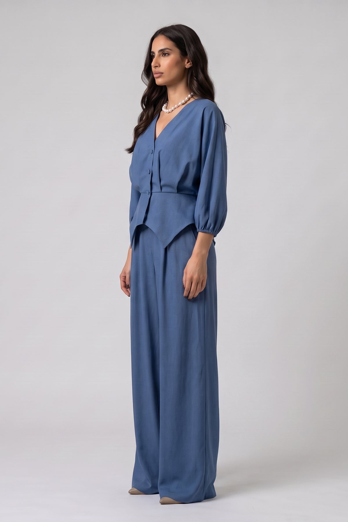 Denim Structured Top & Wide-Leg Trousers Set