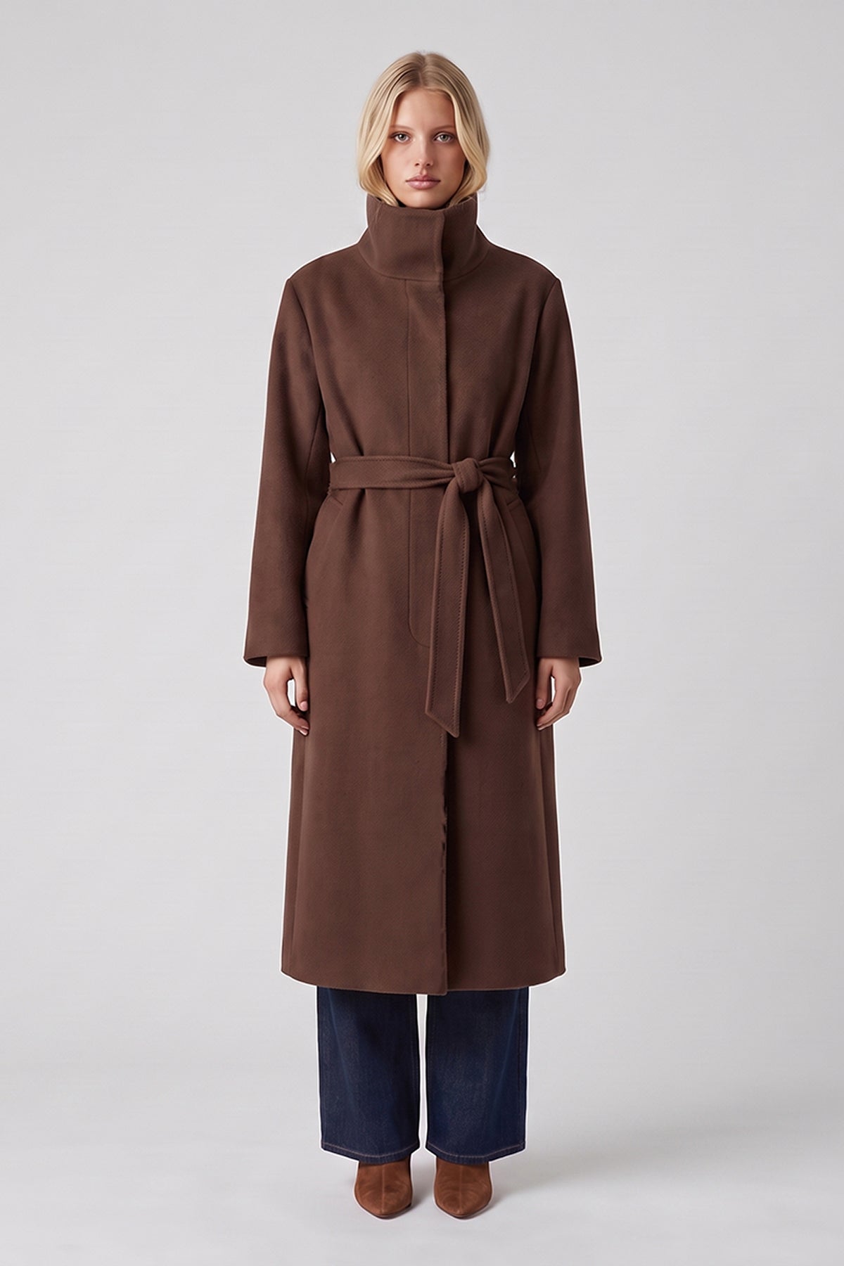 Long Brown Coat with High Collar