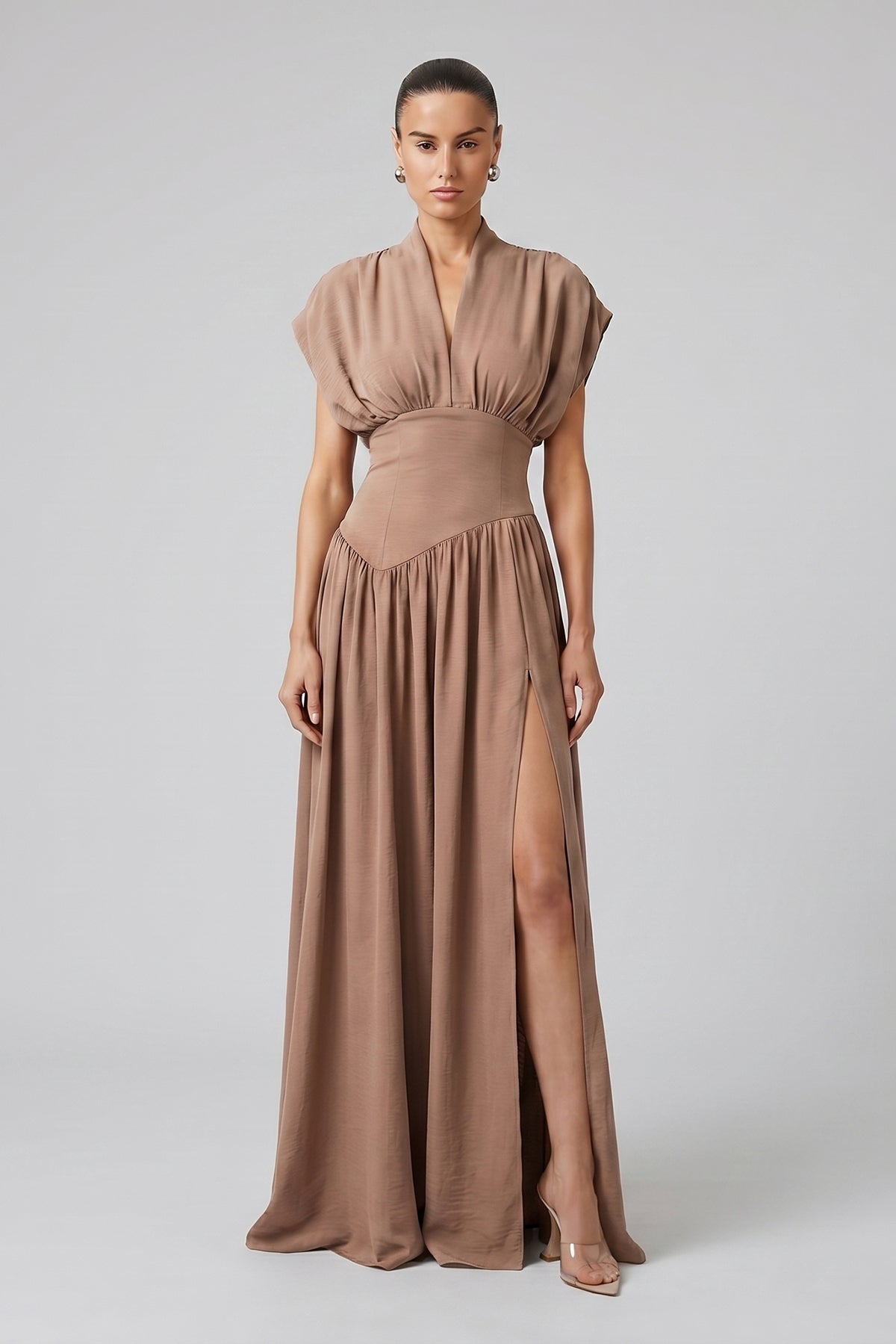 Beige Maxi Dress with Defined Waist and Side Slit