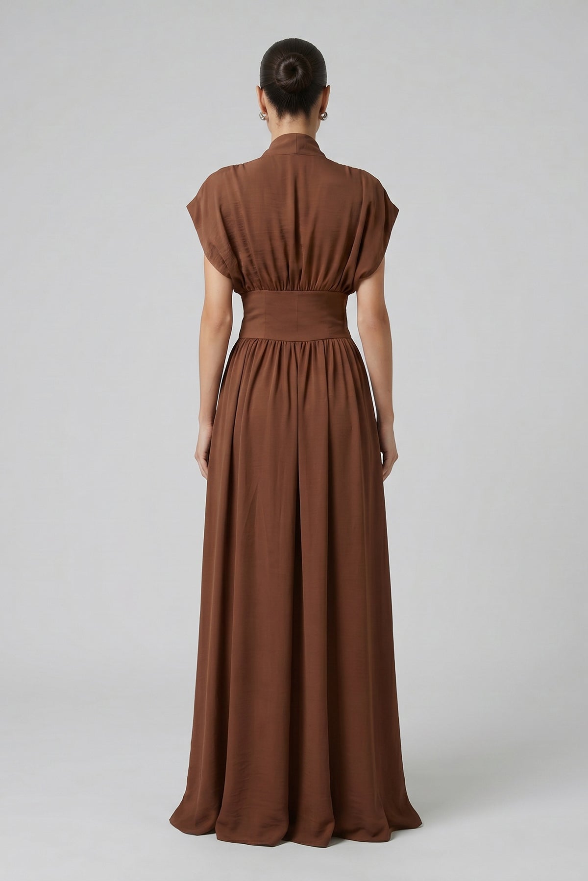 Chocolate Brown Maxi Dress with Defined Waist and Side Slit