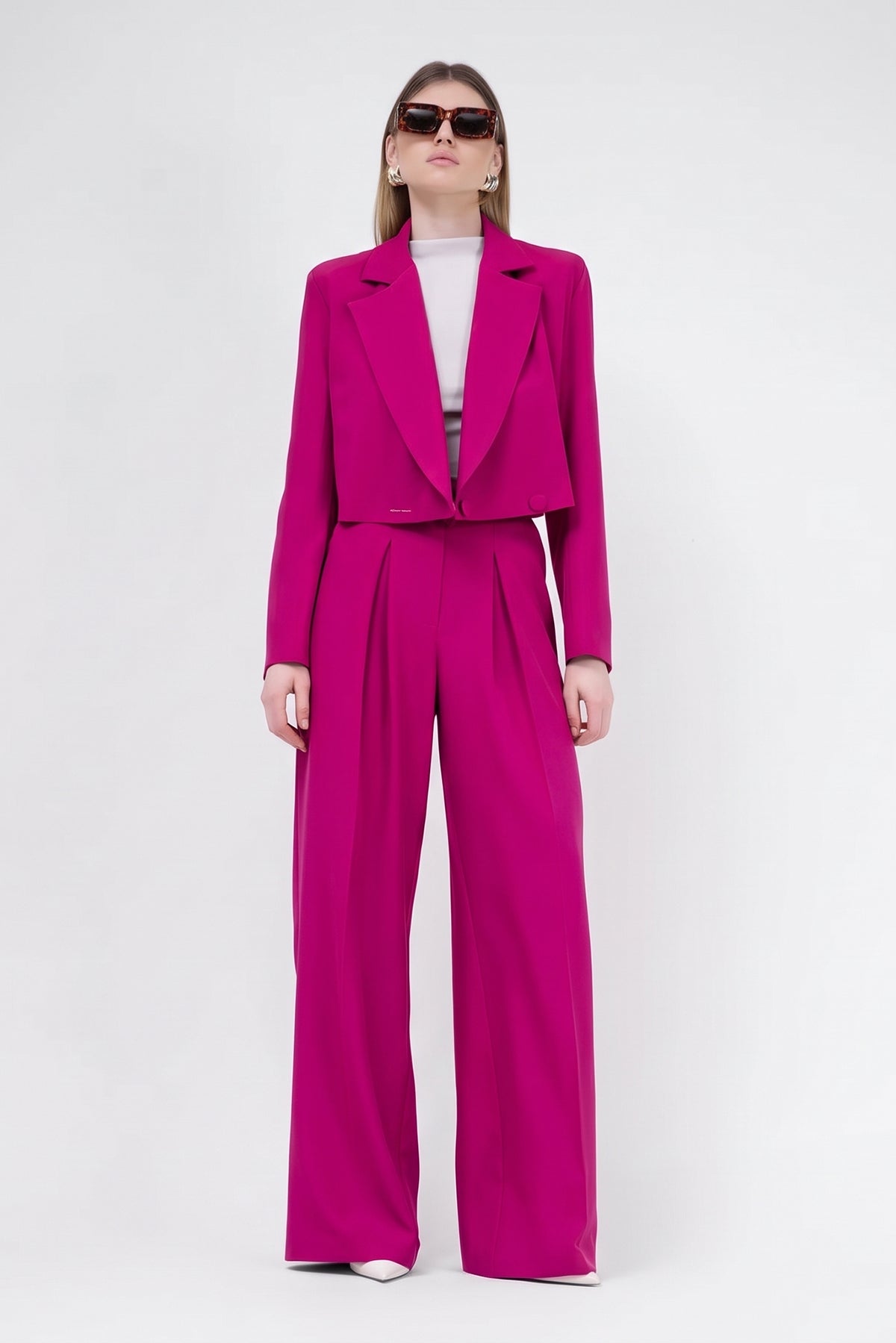 Fuchsia Suit With Cropped Blazer And Ultra Wide Leg Trousers