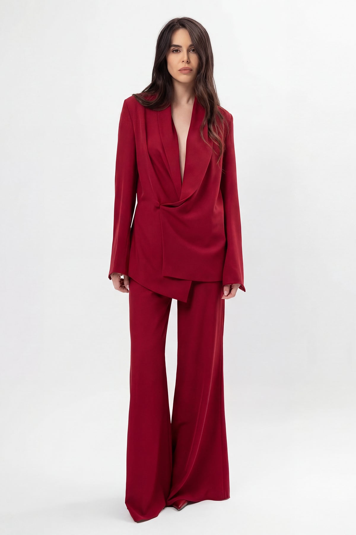 Dark Red Set With Wrap Blazer And Flared Trousers