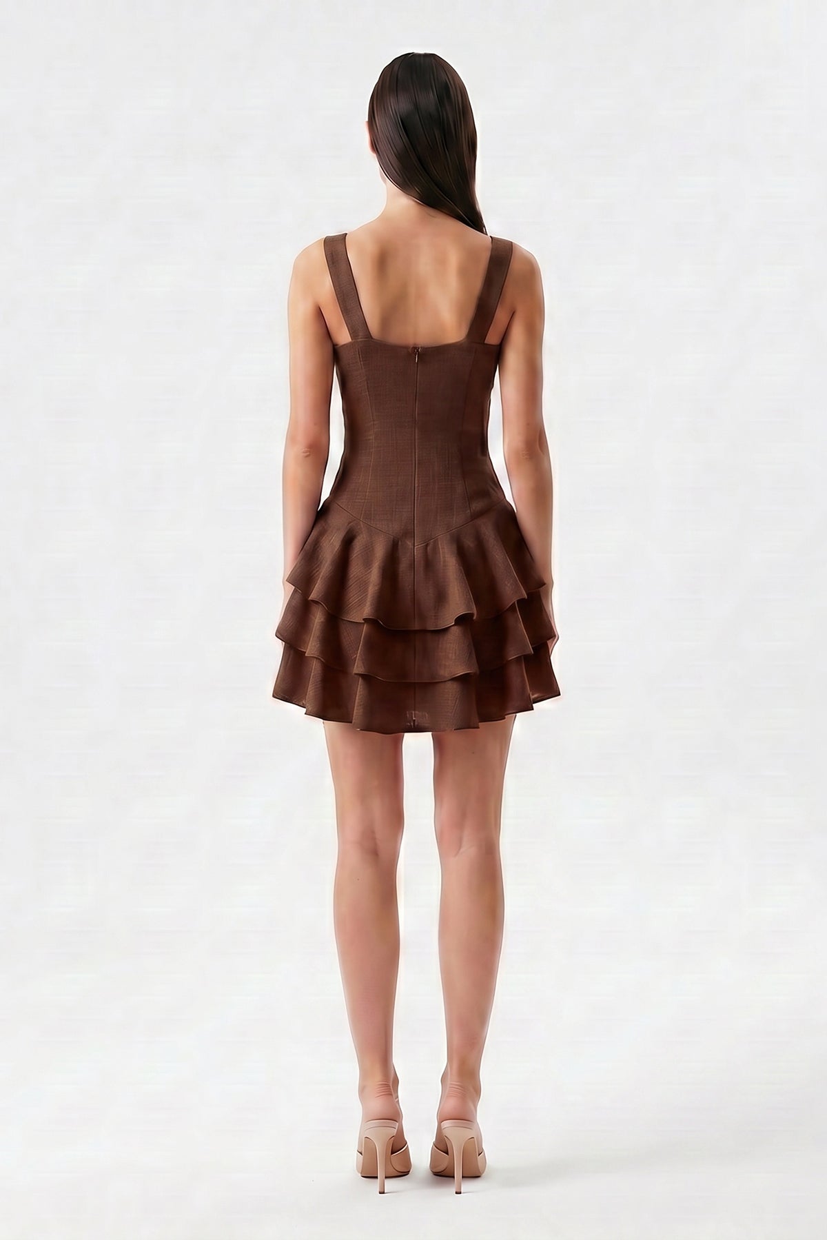 Brown linen mini dress with fitted silhouette and layered ruffle skirt