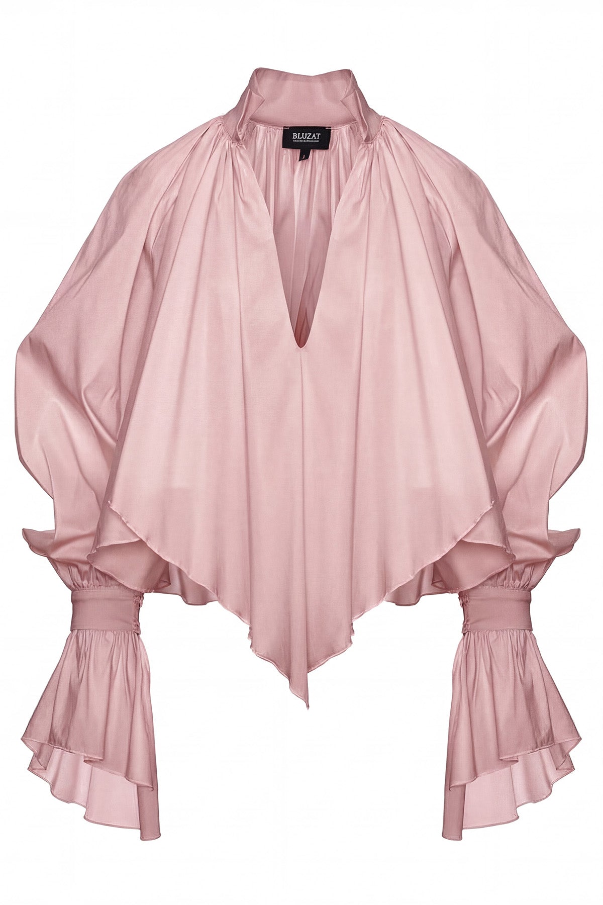 Cămașă roz pudra cu croială amplă, guler înalt și mâneci balon