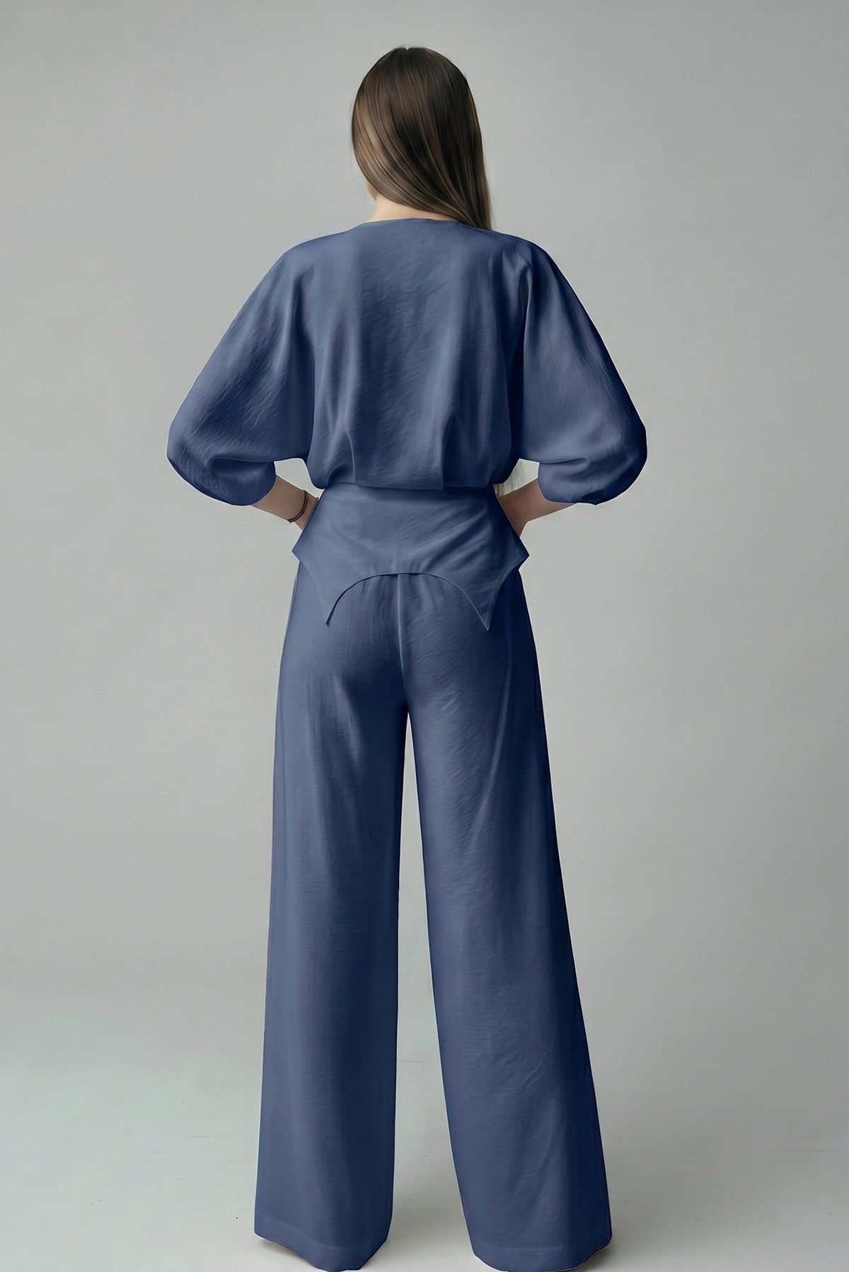 Navy set with structured top and wide-leg trousers